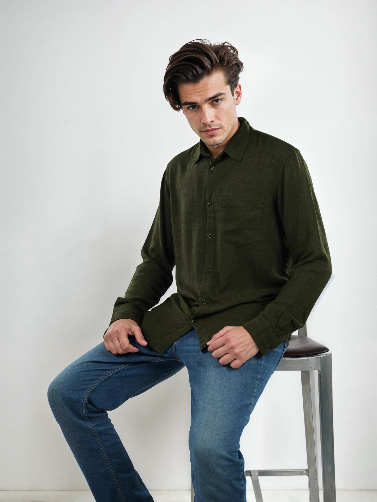 Green Solid Linen Shirt