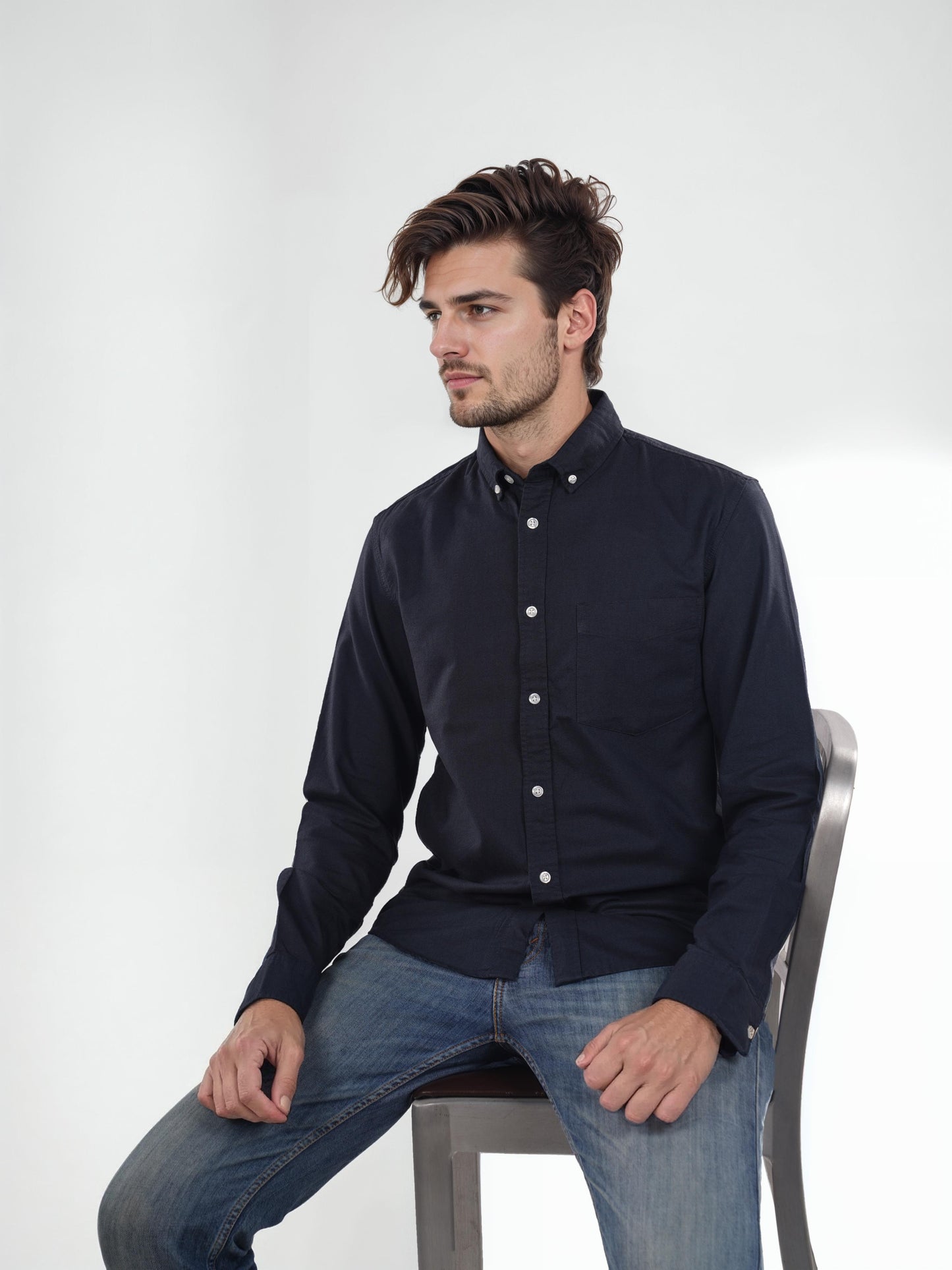 Navy Blue Solid Cotton Shirt