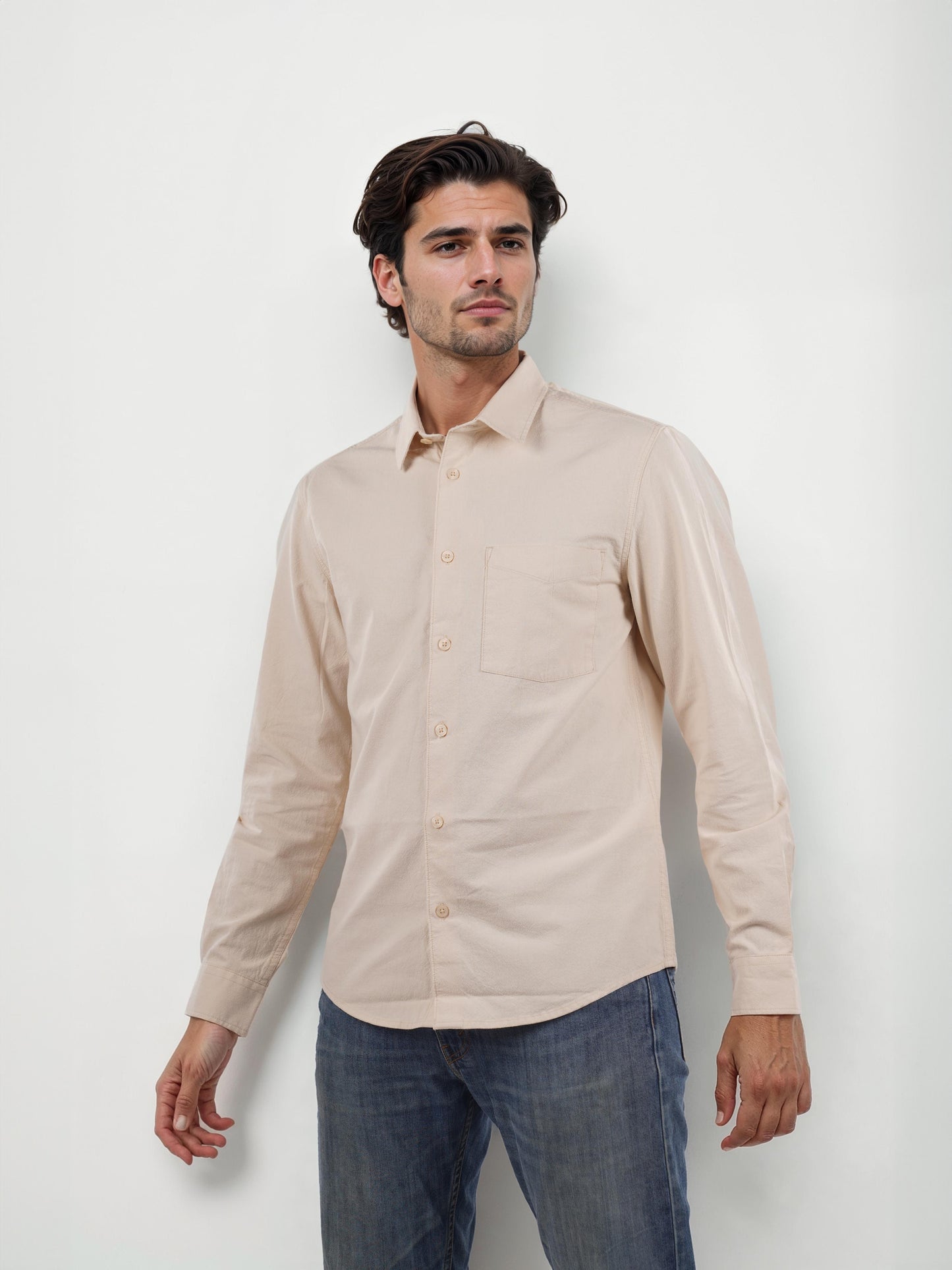 Beige Solid Cotton Shirt