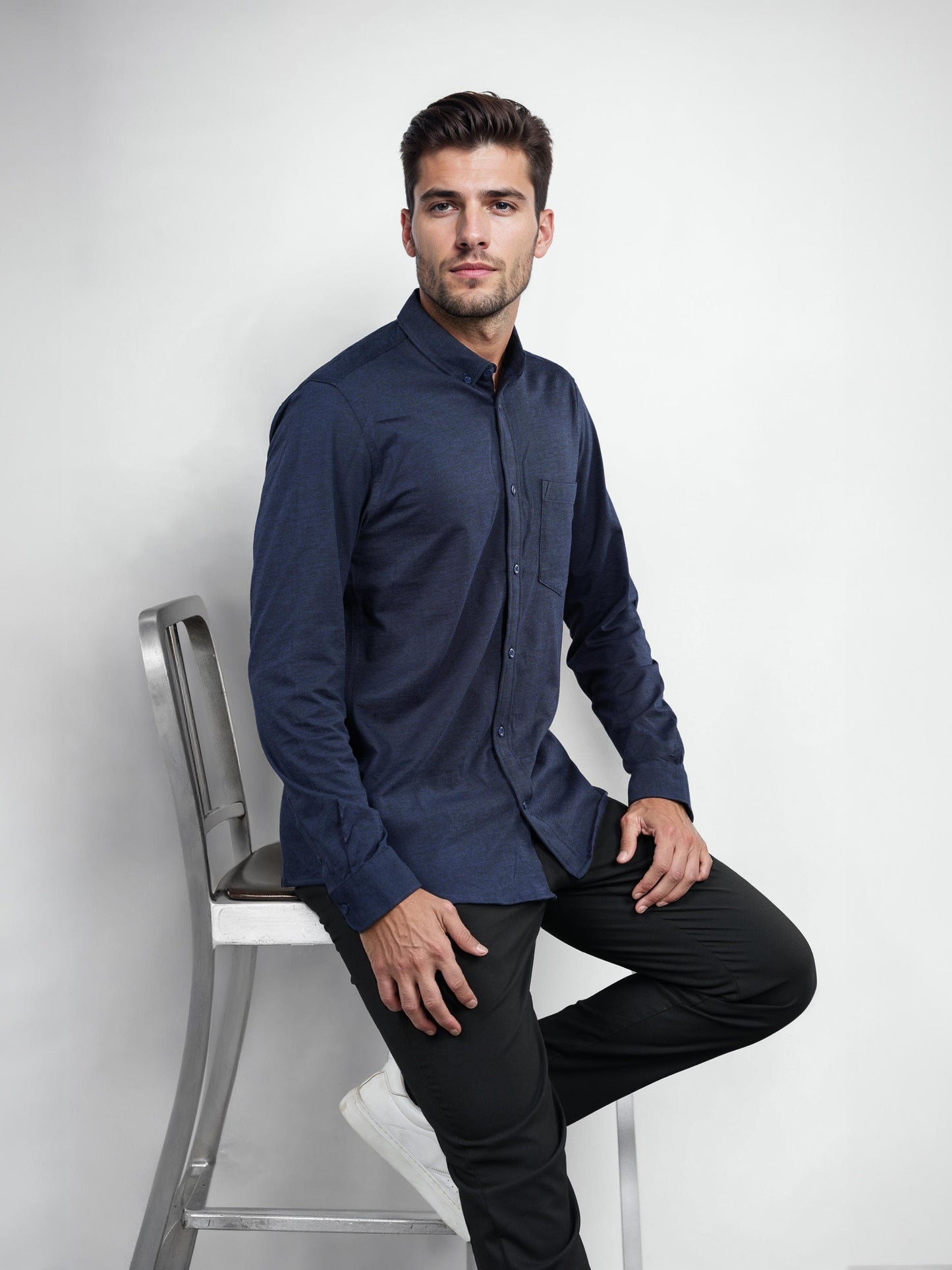 Navy Blue Solid Cotton Shirt