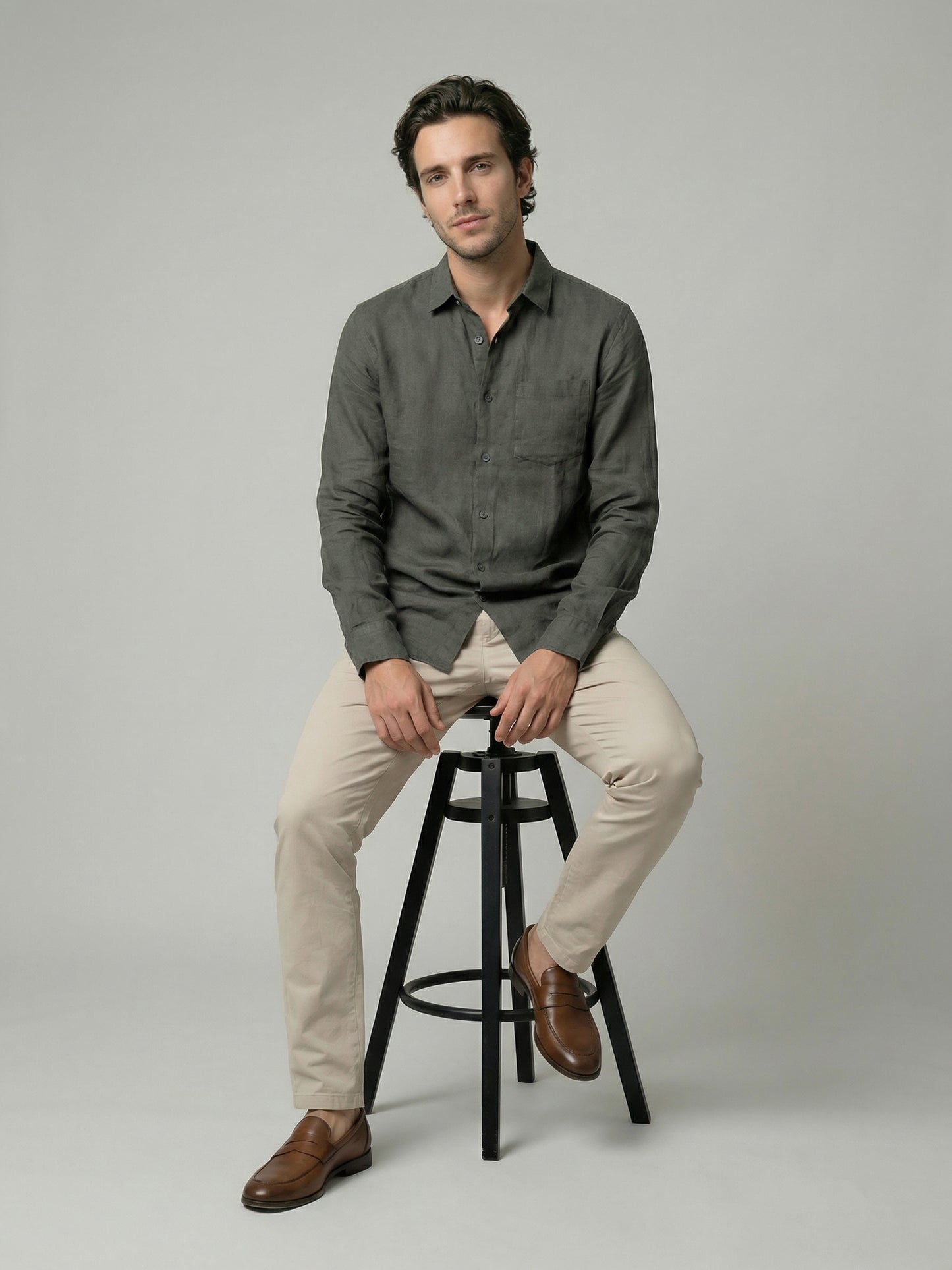 Celio Mens Khaki Solid Regular Fit Linen Shirts