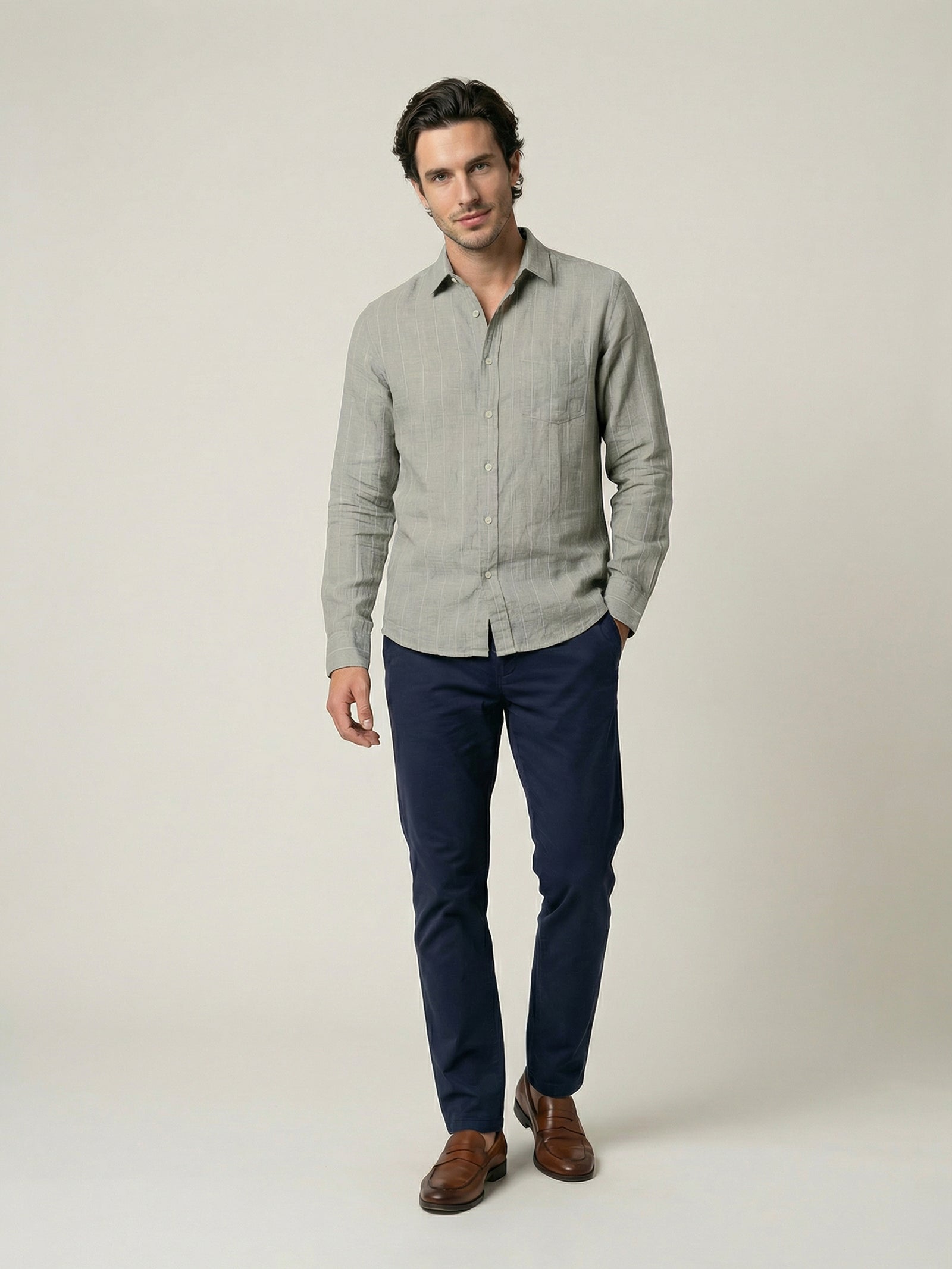 Celio Mens Khaki Solid Regular Fit Linen Shirts