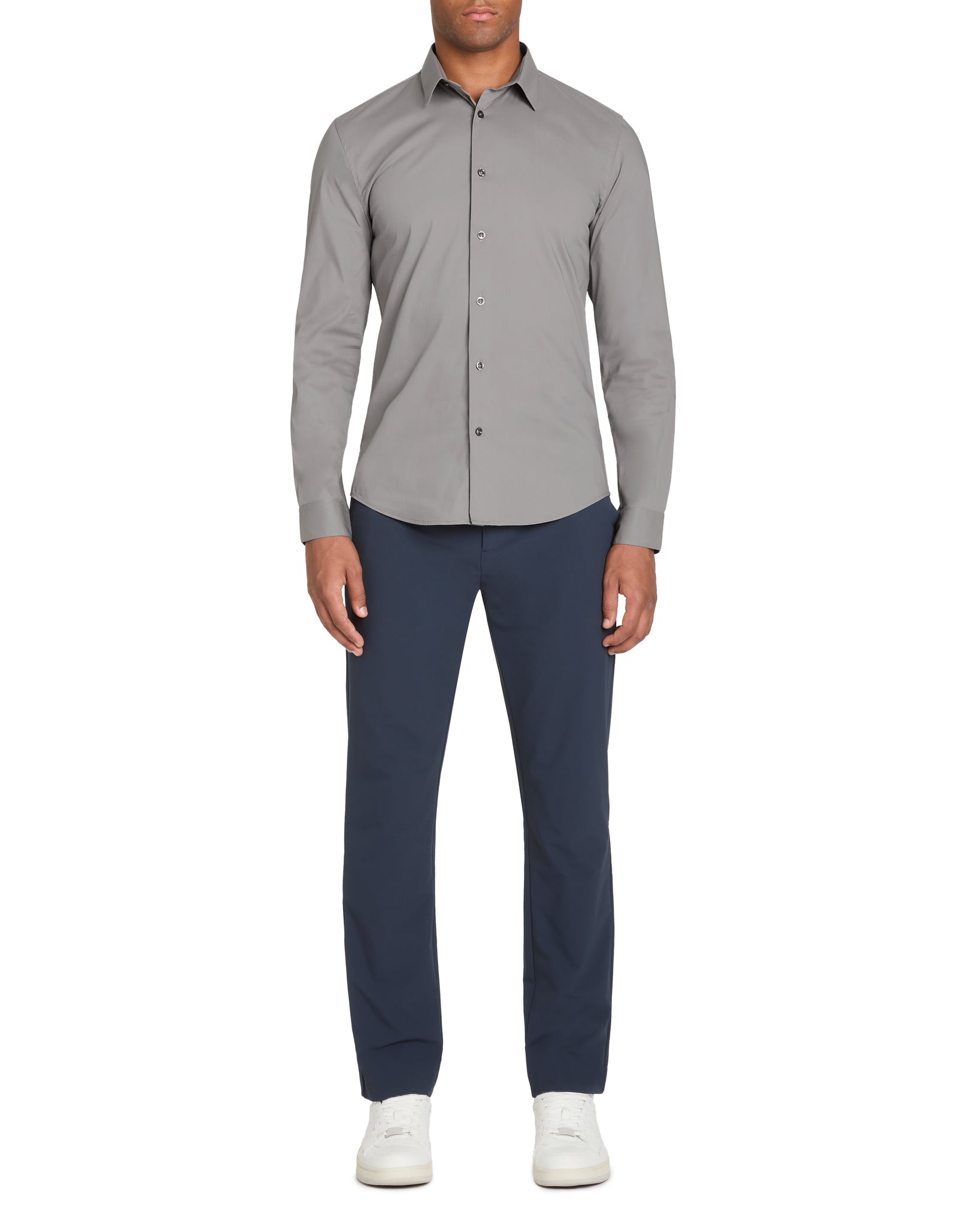 Slim Fit Cotton Blend Spread Collar Shirt - Grey