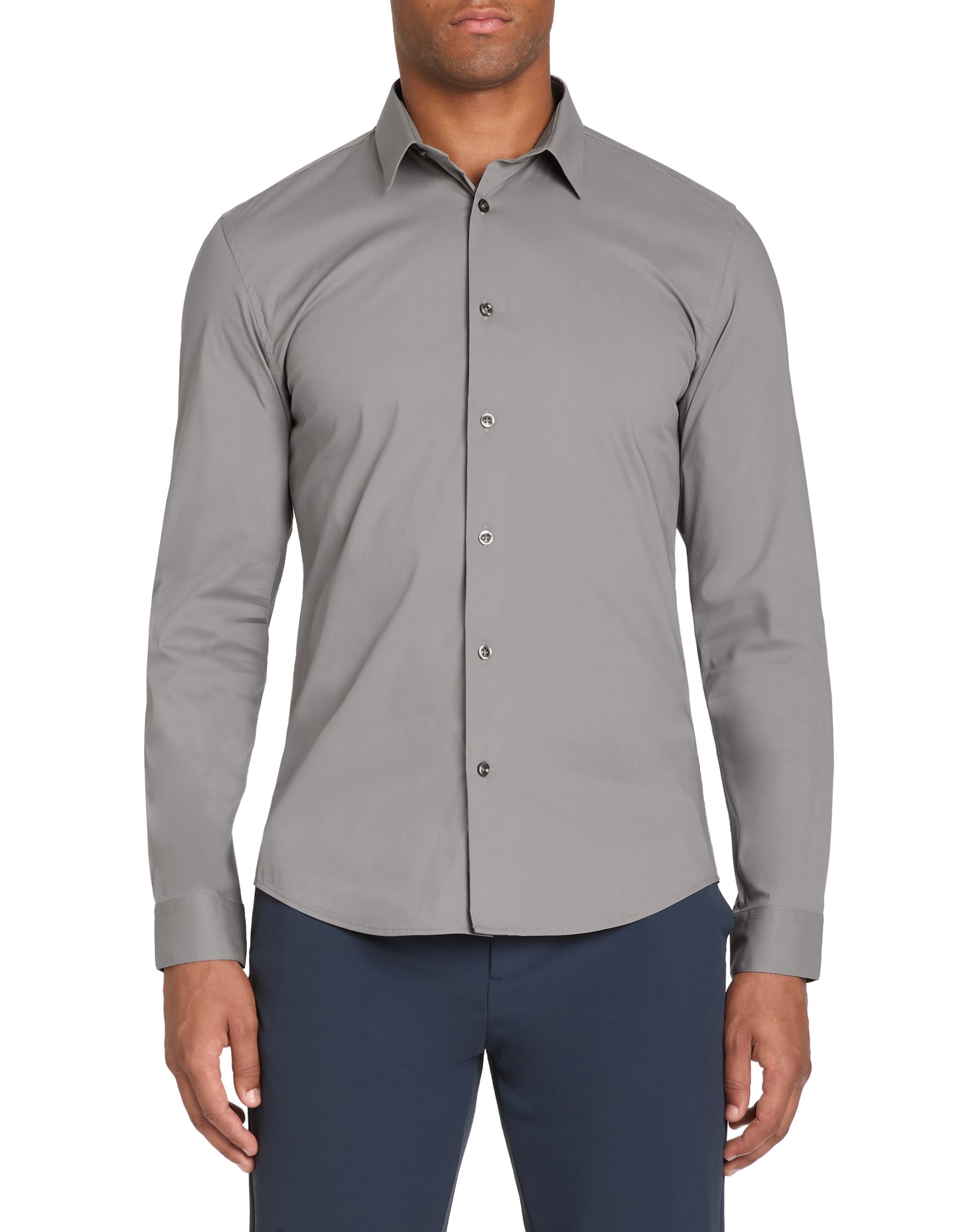 Slim Fit Cotton Blend Spread Collar Shirt - Grey