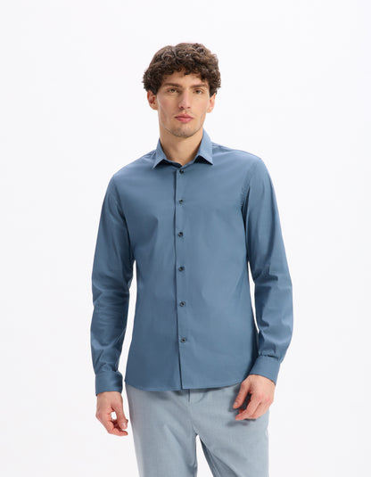 Celio* Men Blue Solid Slim Fit Cotton-Blend Shirts