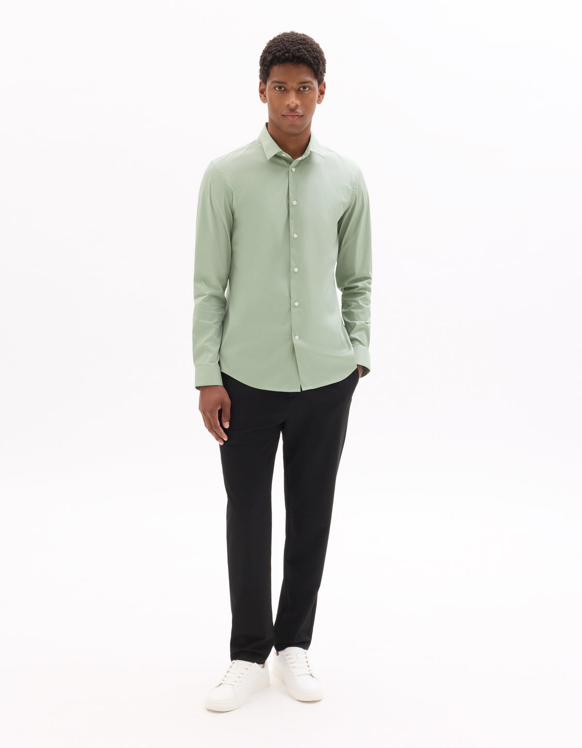 Slim Fit Polyamide Spread Collar Shirt - Sage Green