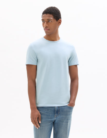 Celio Solid Slim Fit Cotton-Blend Blue Tshirts