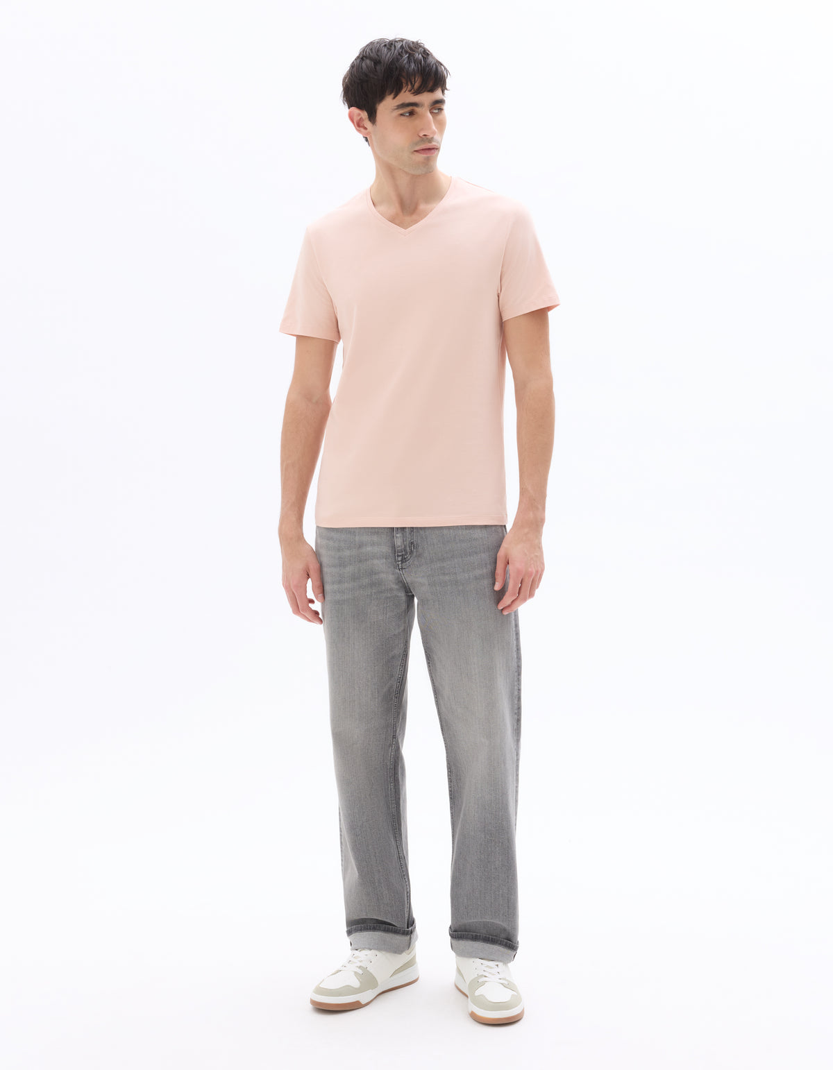 Slim Fit Cotton Blend V Neck T-Shirt - Pink
