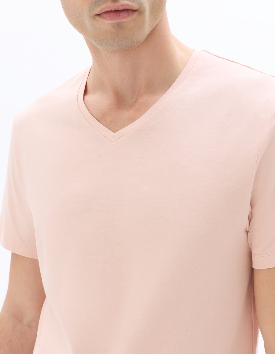 Slim Fit Cotton Blend V Neck T-Shirt - Pink