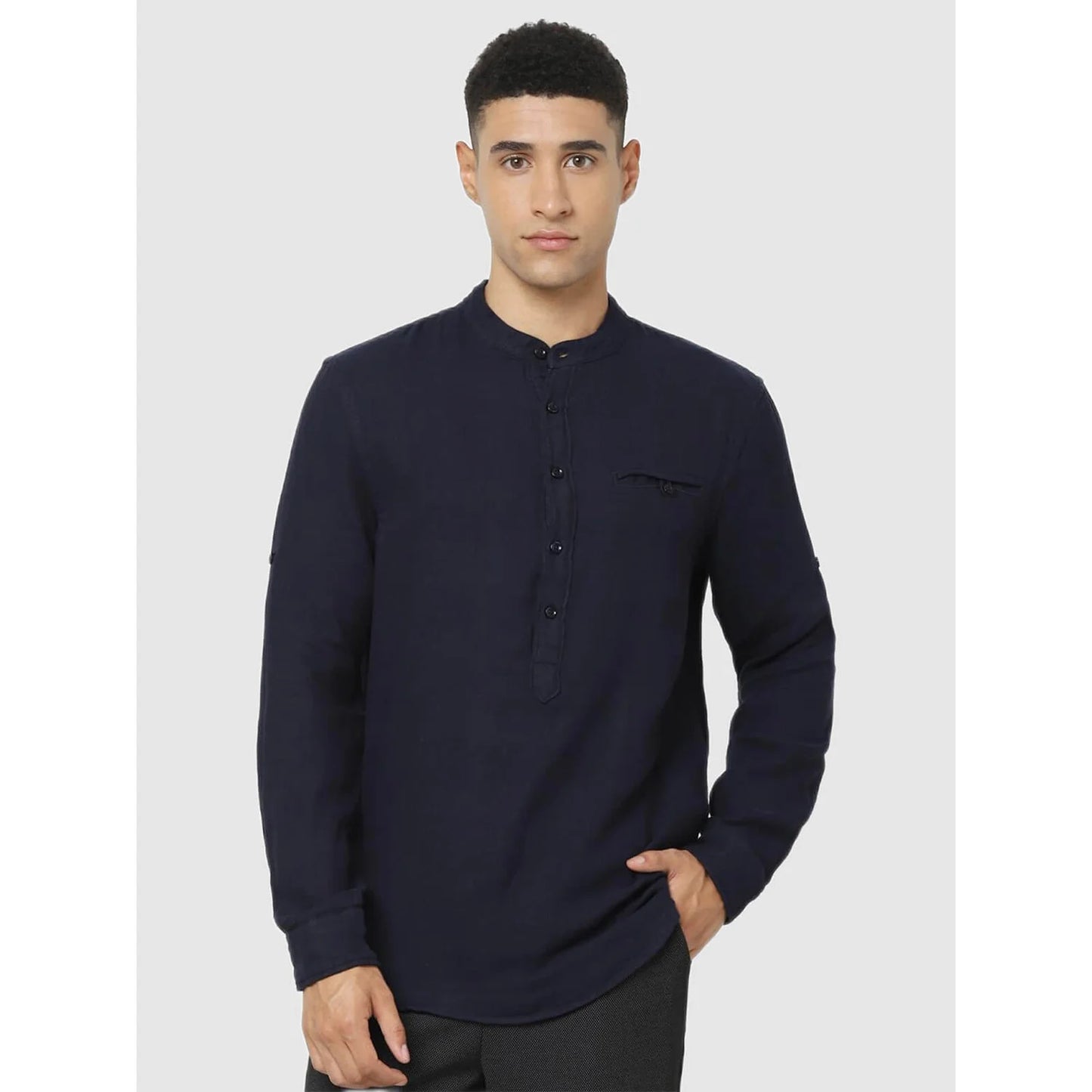 Navy Blue Solid Cotton Shirt