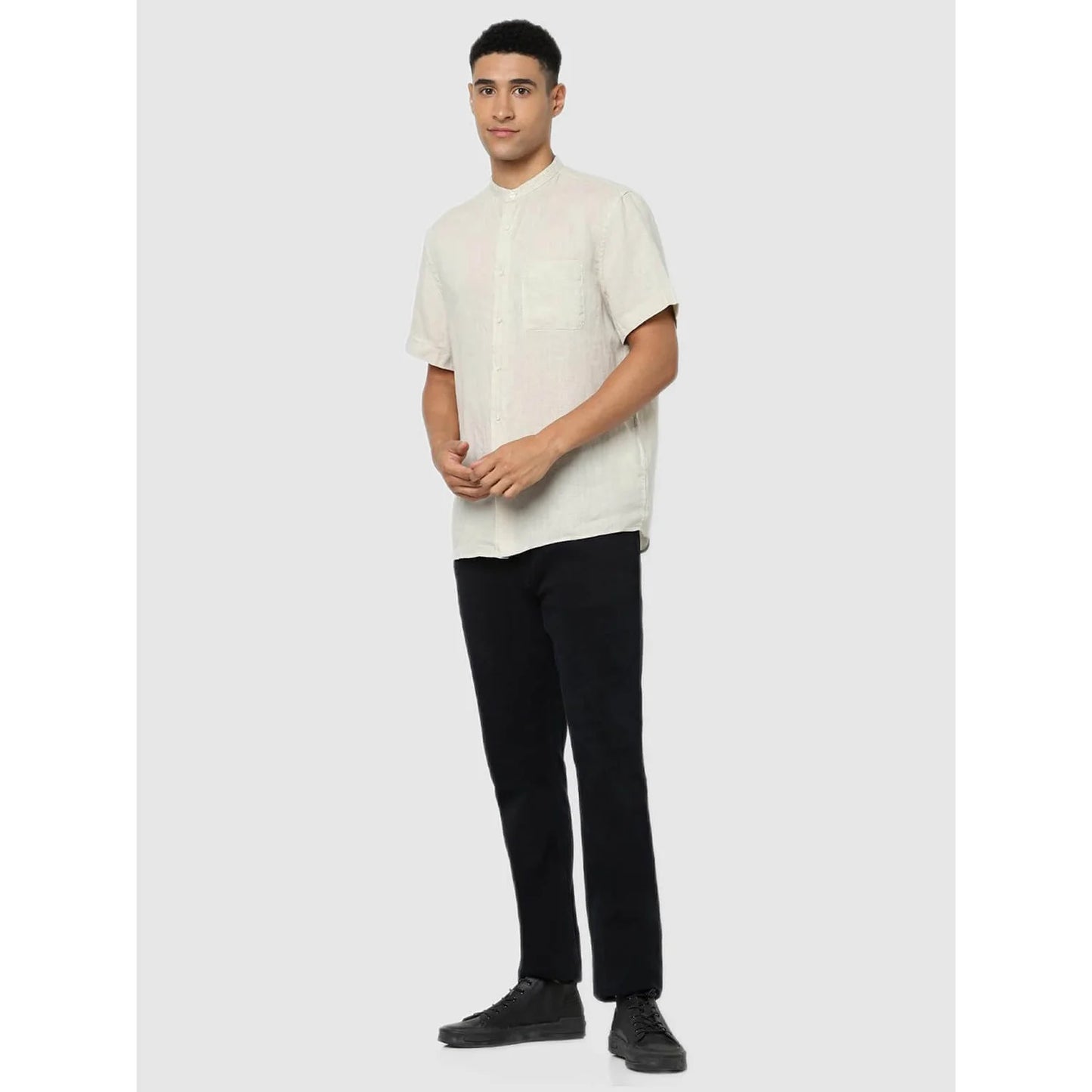 Off White Solid Linen Shirt