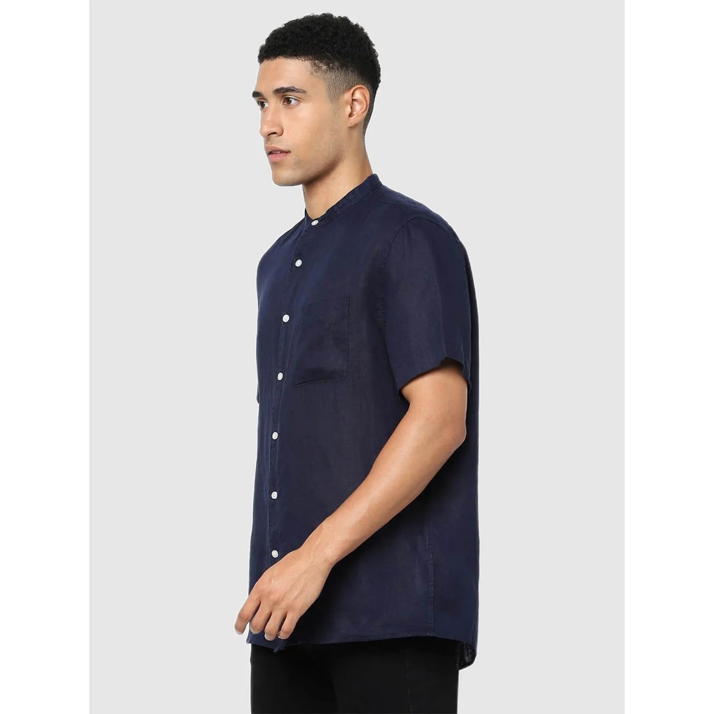 Navy Blue Solid Linen Shirt