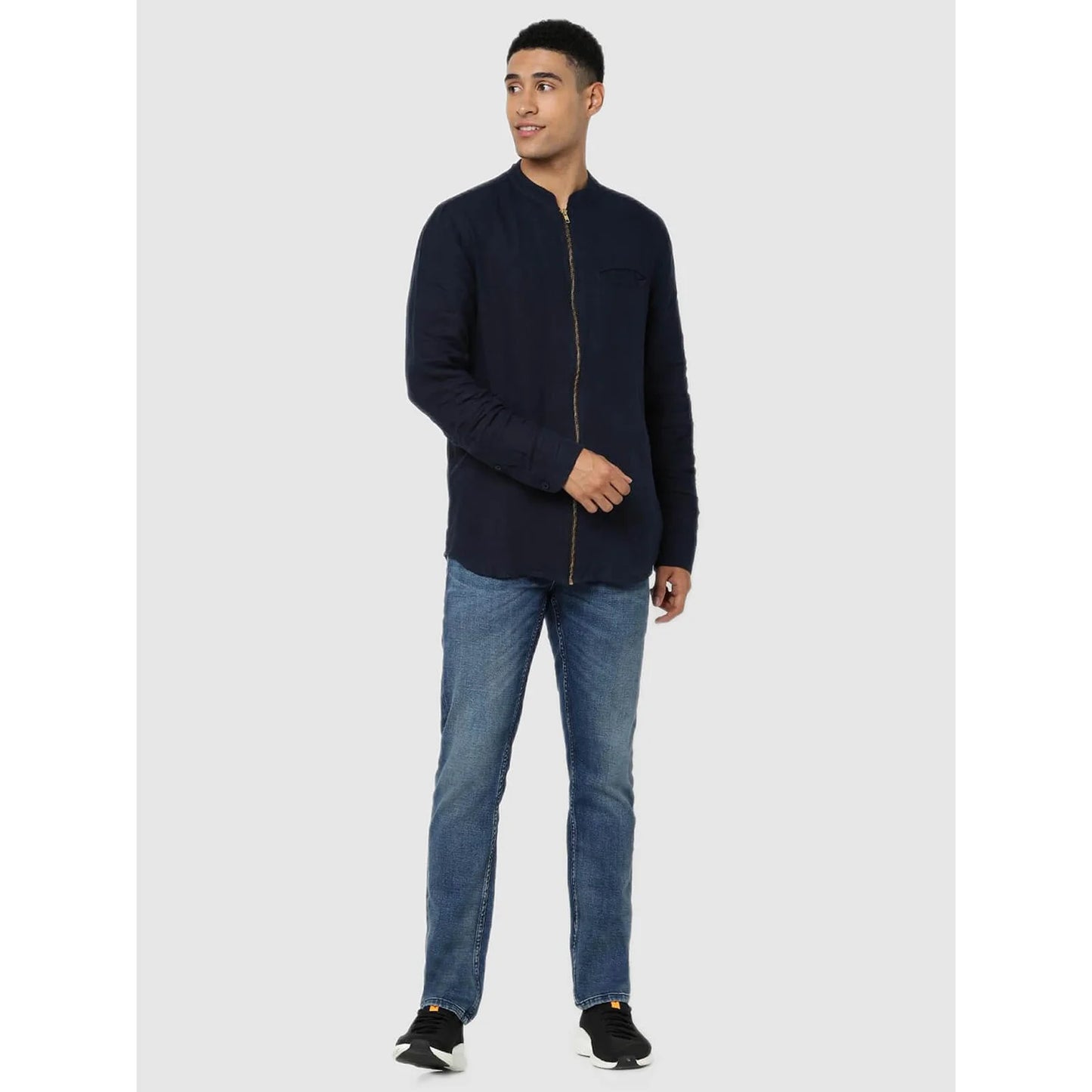 Navy Blue Solid Linen Shirt