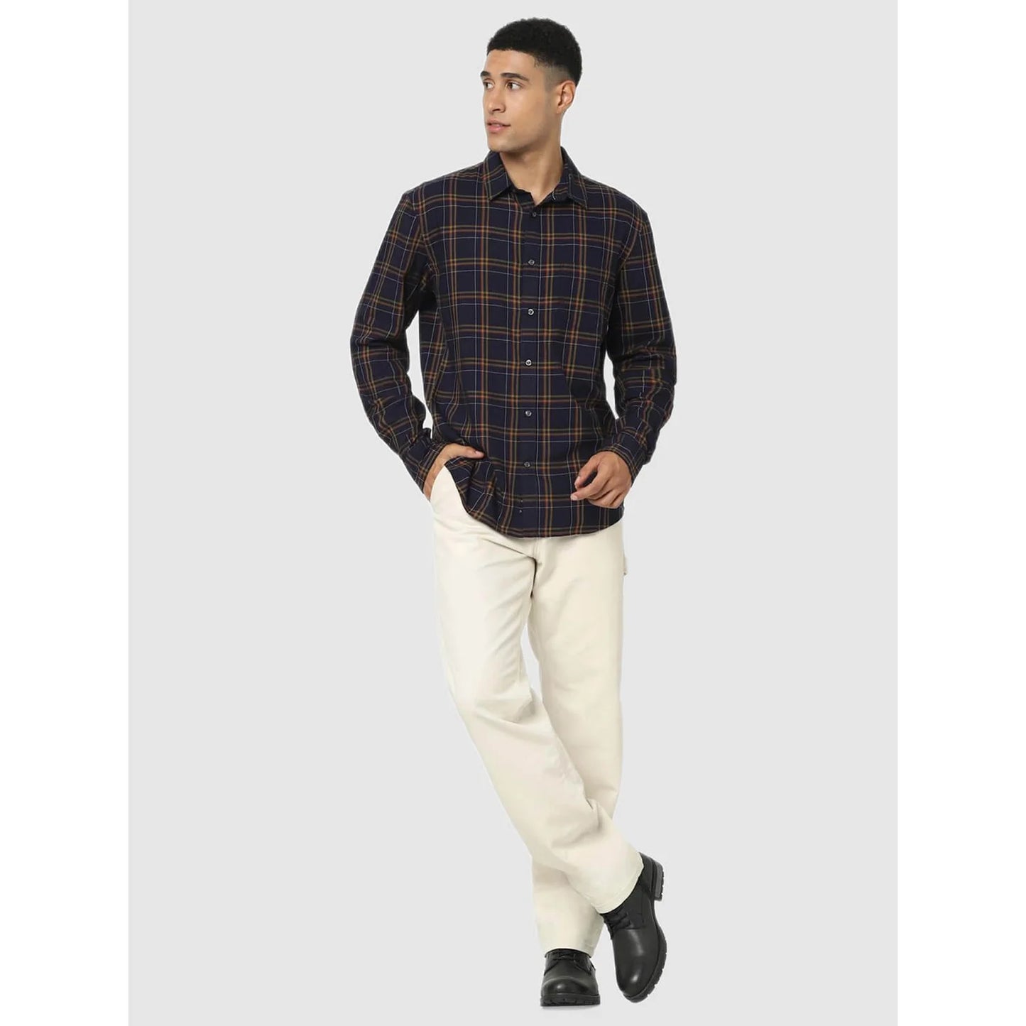 Navy Blue Checks Cotton Blend Shirt