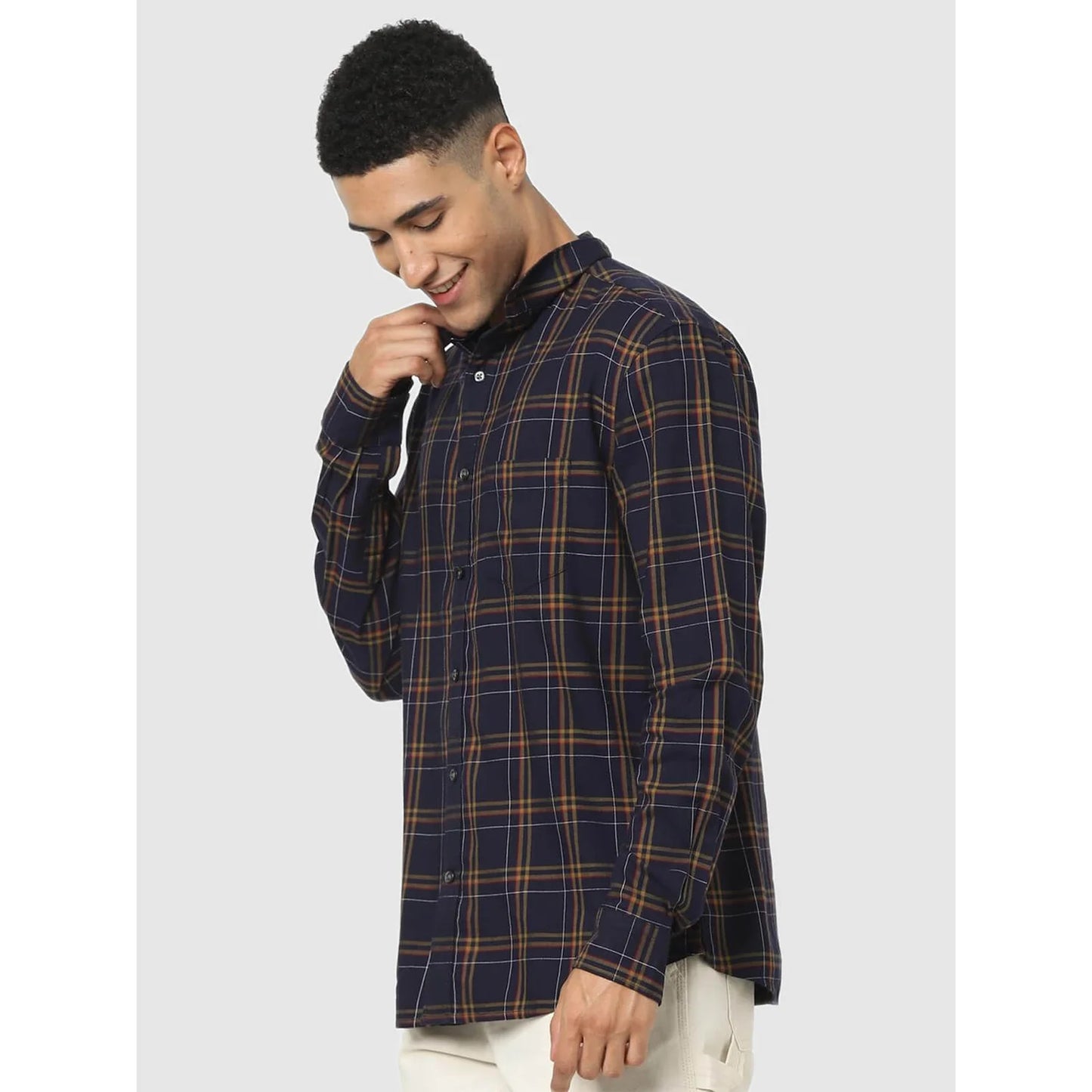 Navy Blue Checks Cotton Blend Shirt