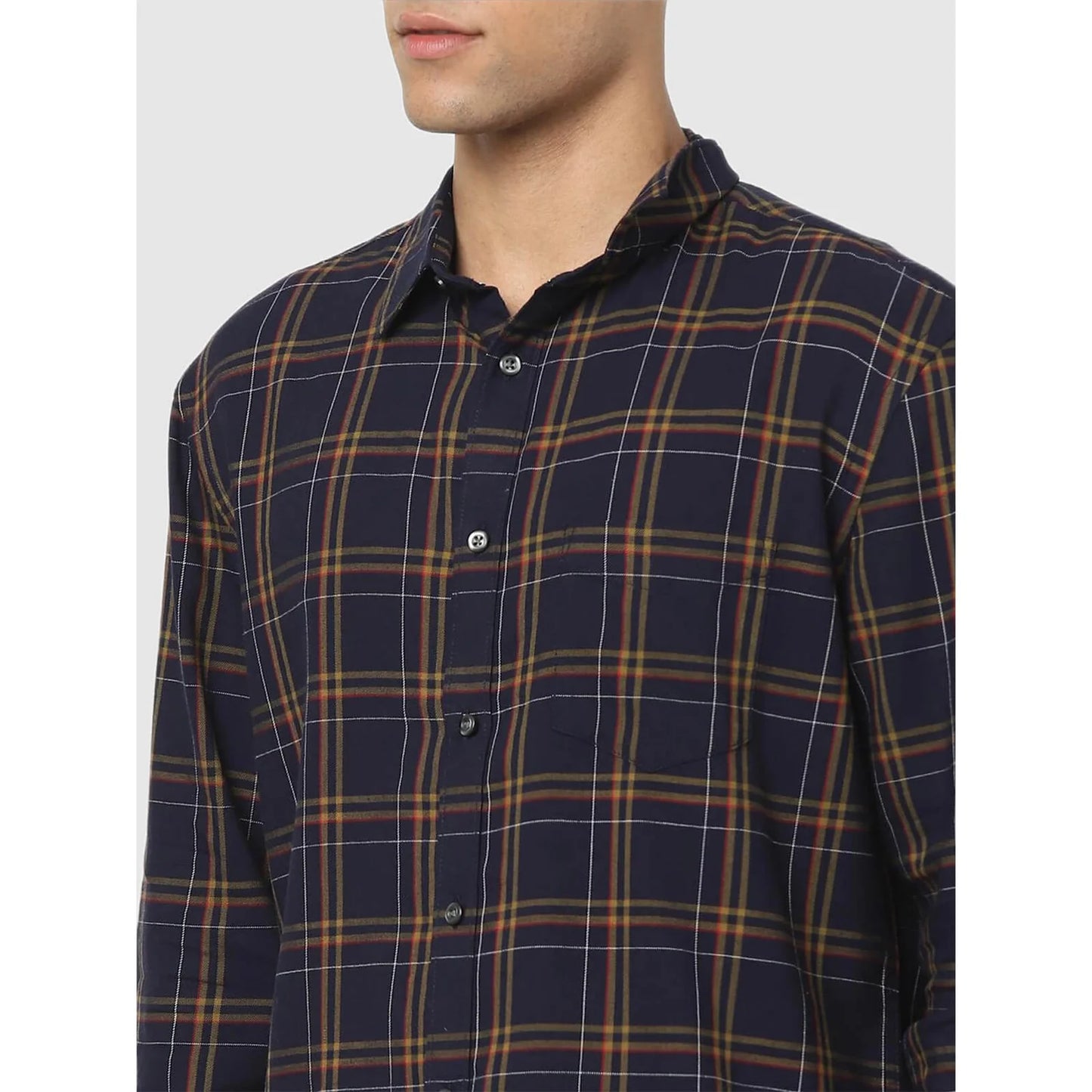 Navy Blue Checks Cotton Blend Shirt