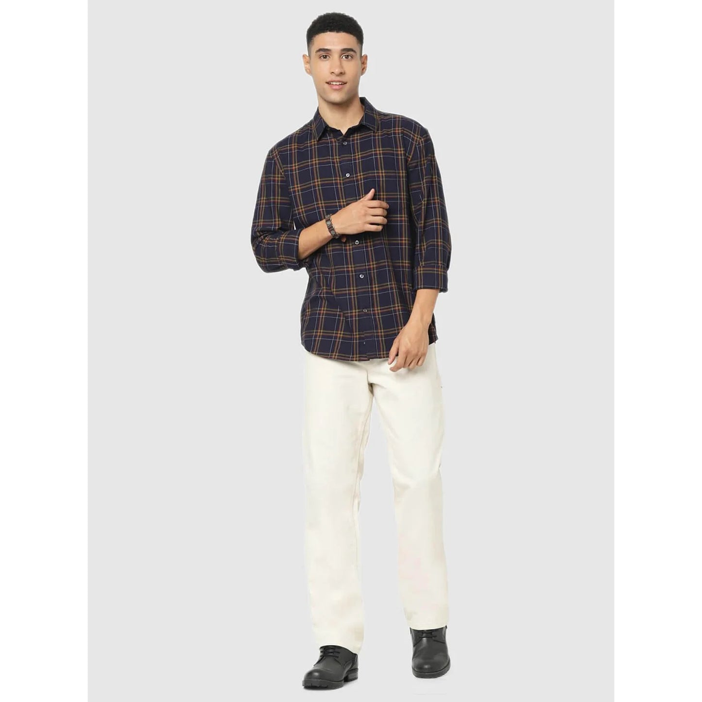 Navy Blue Checks Cotton Blend Shirt