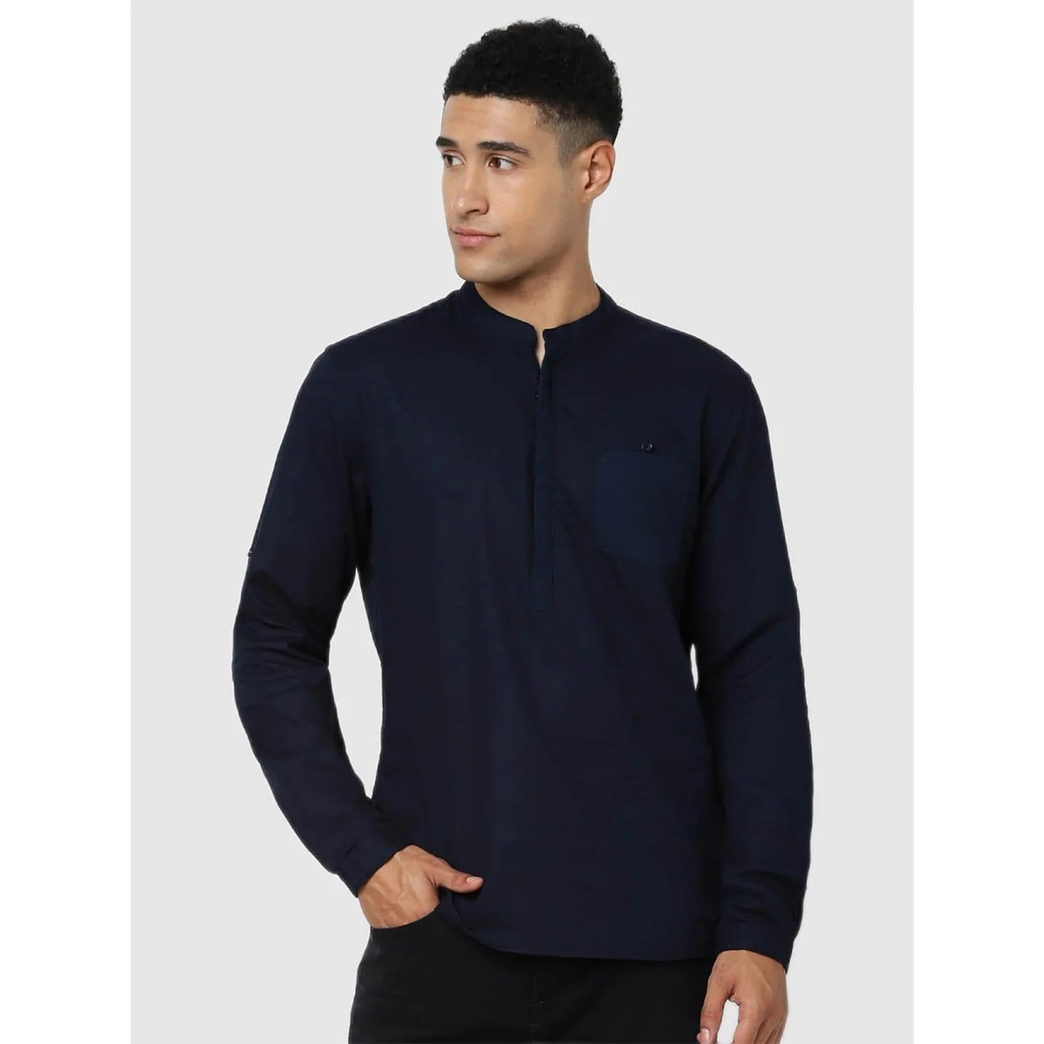 Navy Blue Solid Cotton Shirt