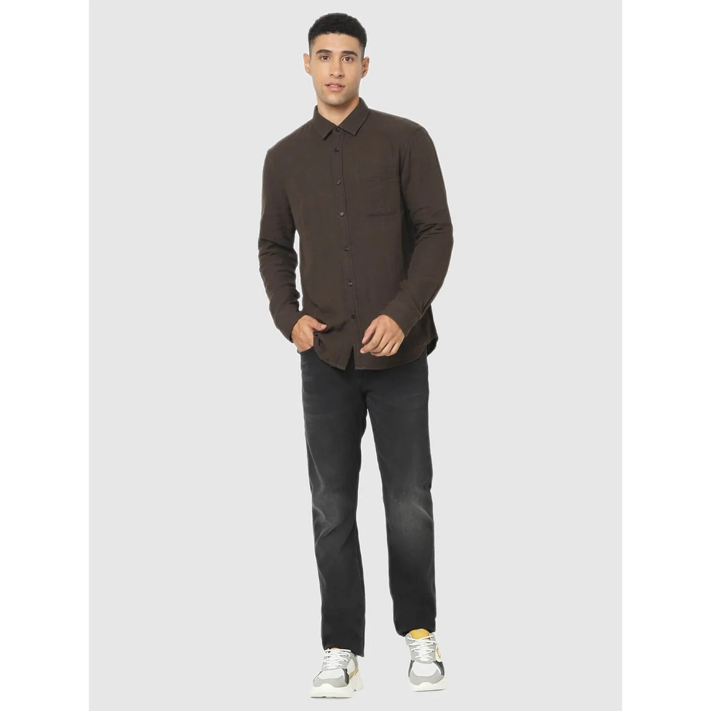 Celio* Solid Regular Fit Cotton Brown Shirt