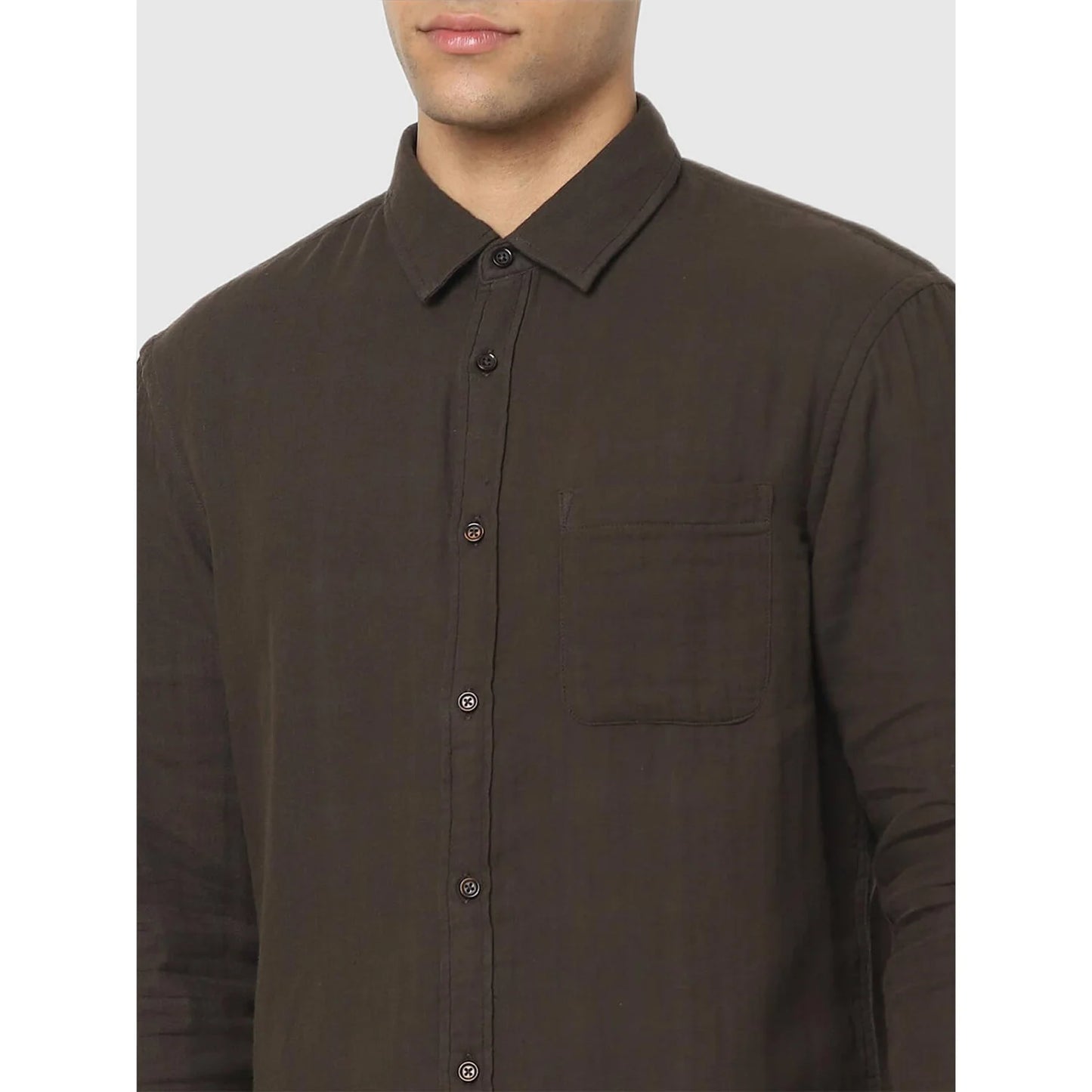 Celio* Solid Regular Fit Cotton Brown Shirt