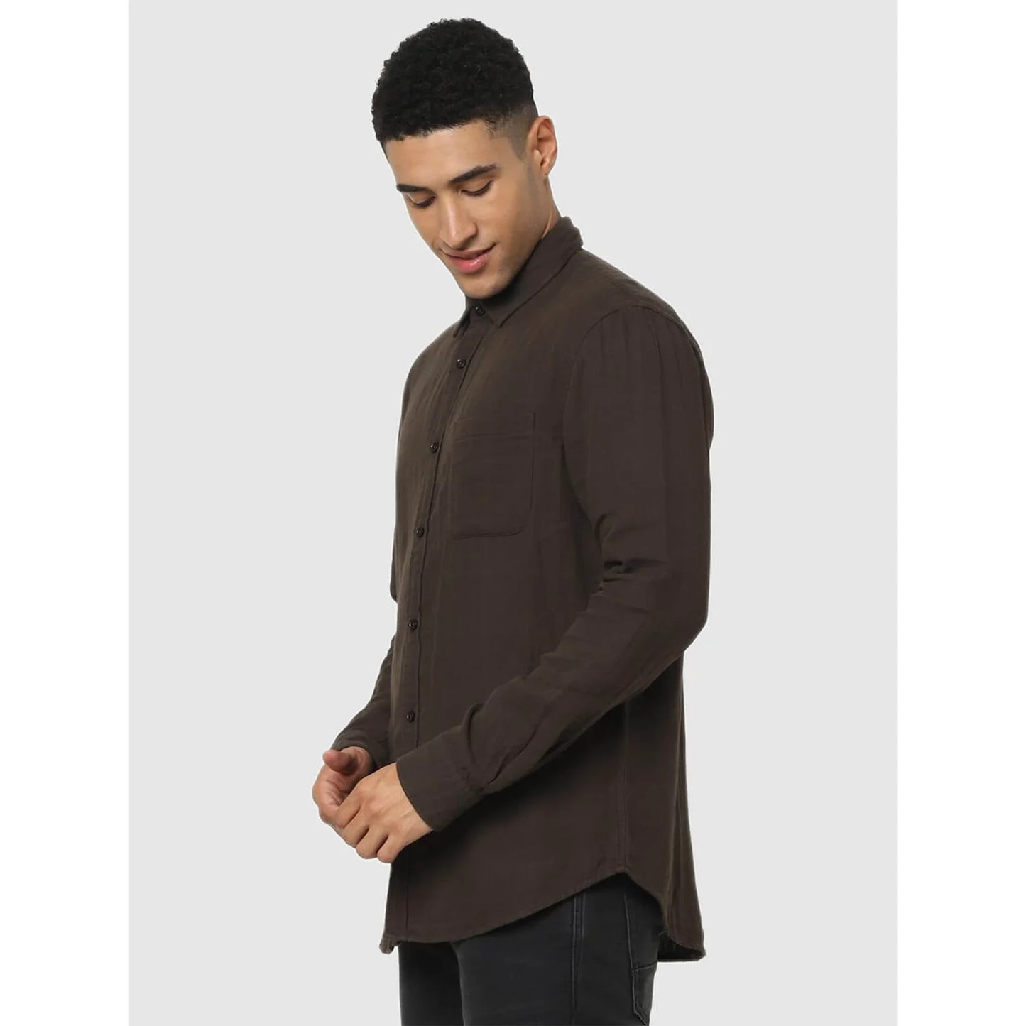Celio* Solid Regular Fit Cotton Brown Shirt