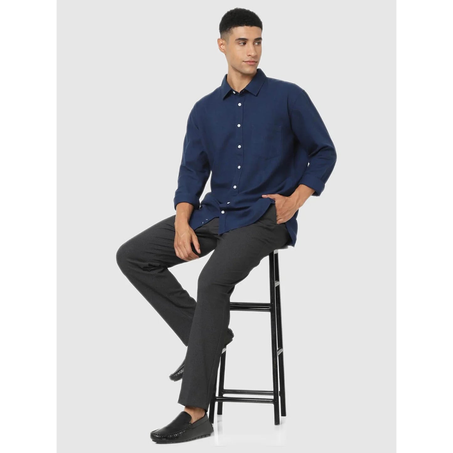 Navy Blue Solid Cotton Shirt