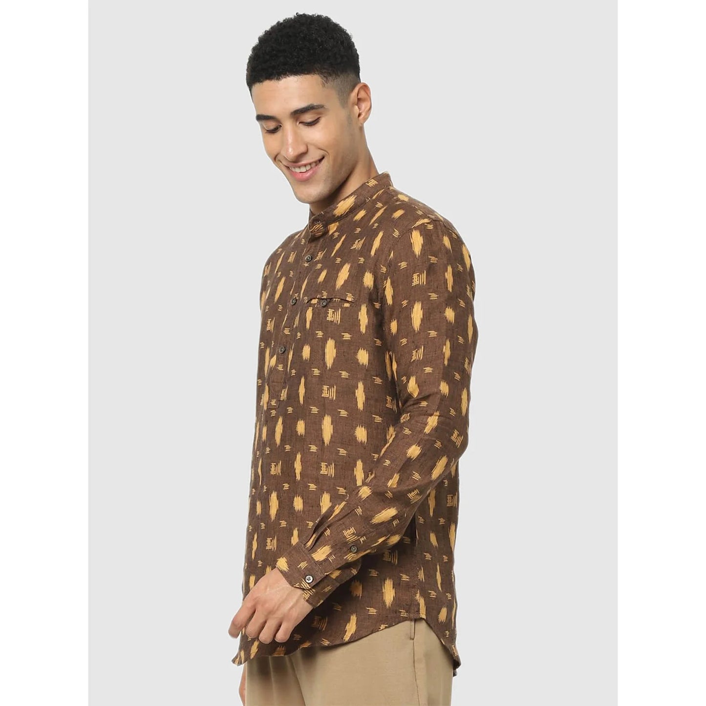 Brown Geometric Printed Linen Shirt