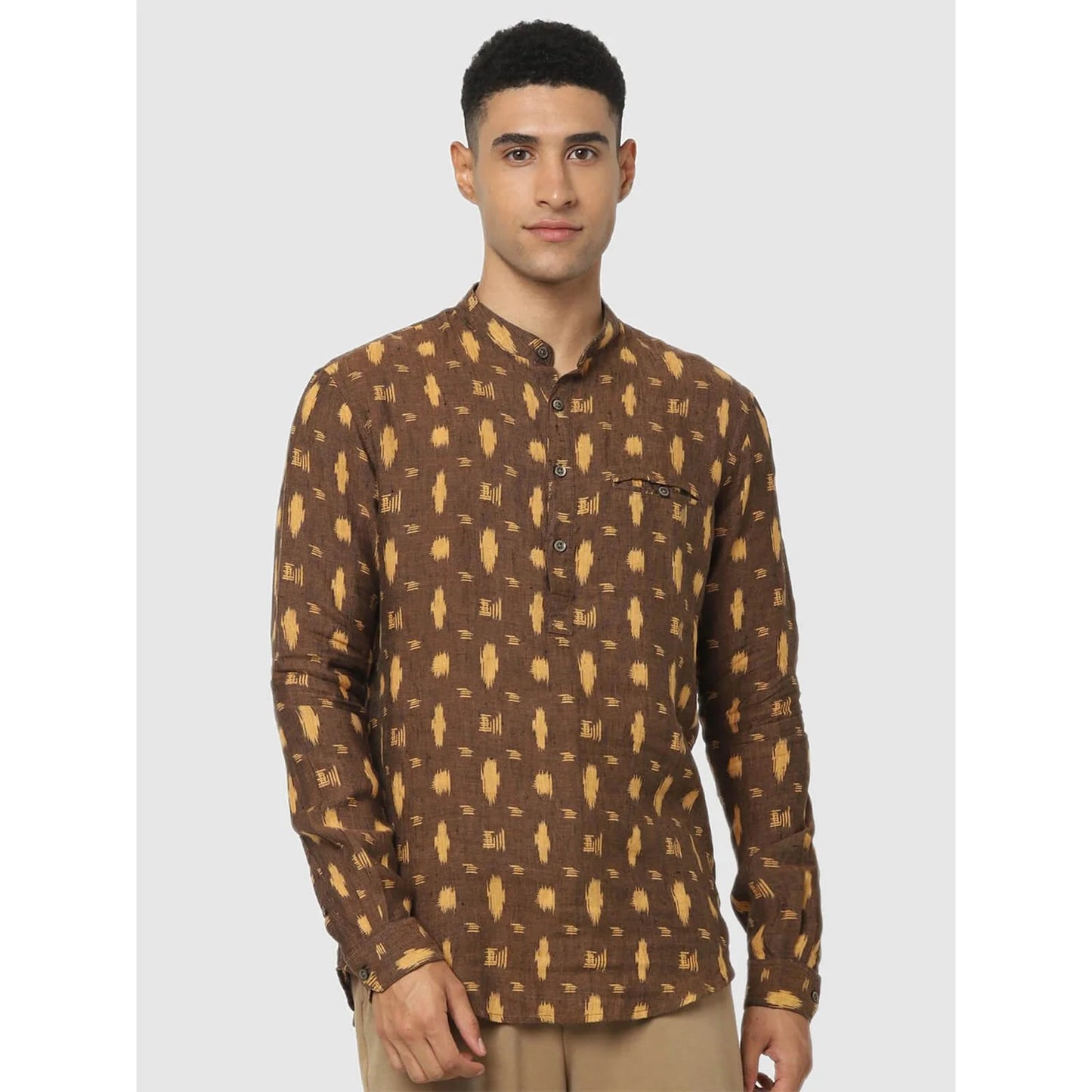 Brown Geometric Printed Linen Shirt