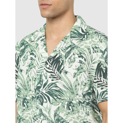 White Tropical Printed Cotton-Linen-Blend Shirt