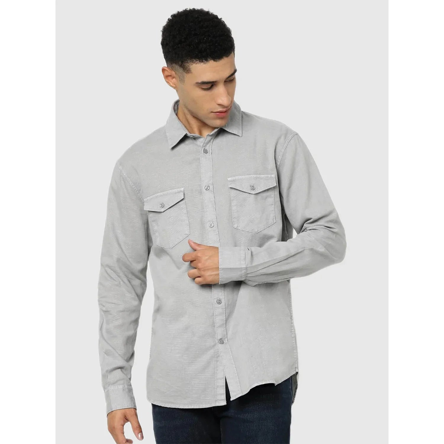 Grey Solid Linen Shirt