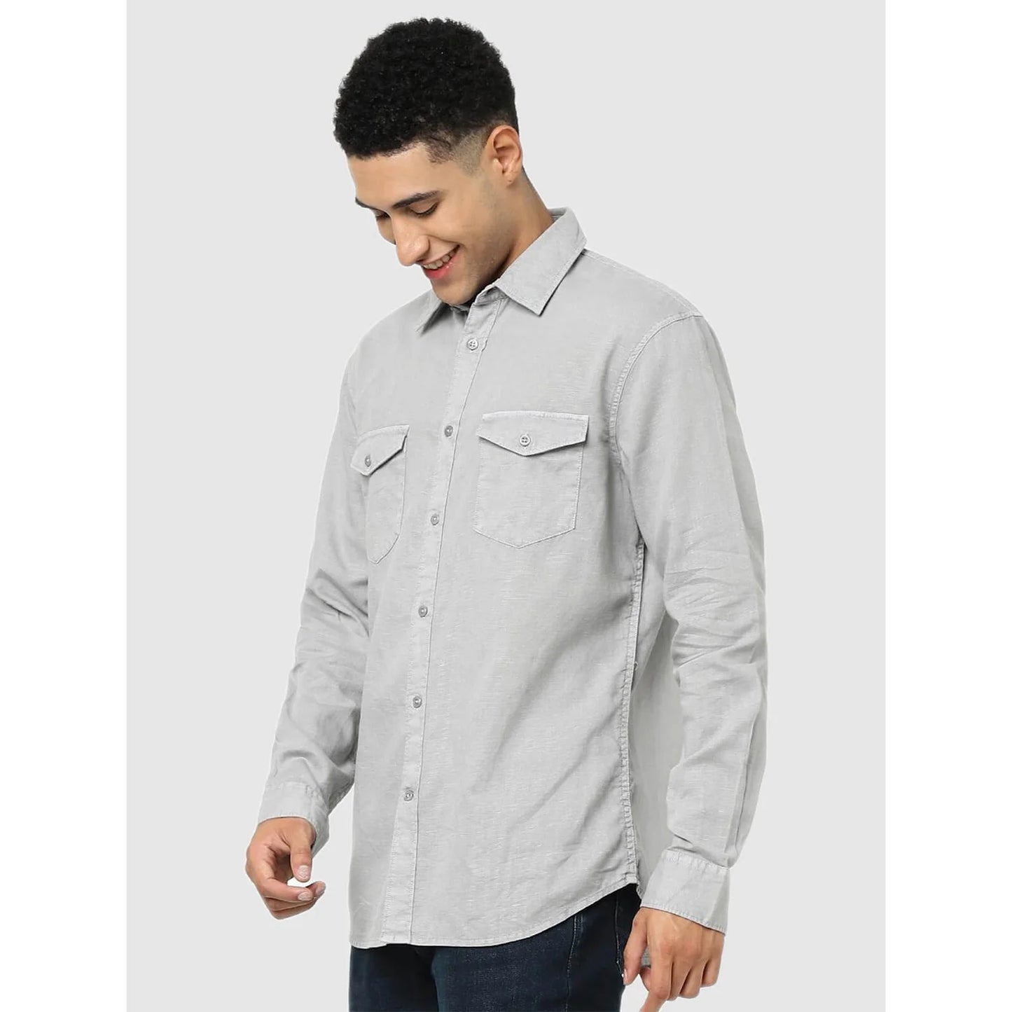 Celio* Solid Regular Fit Linen Grey Shirt