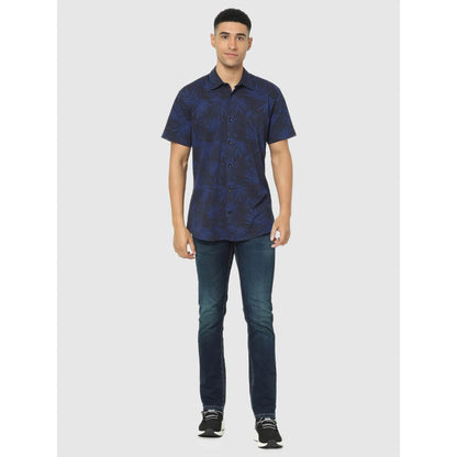 Navy Blue Tropical Printed Cotton Shirt