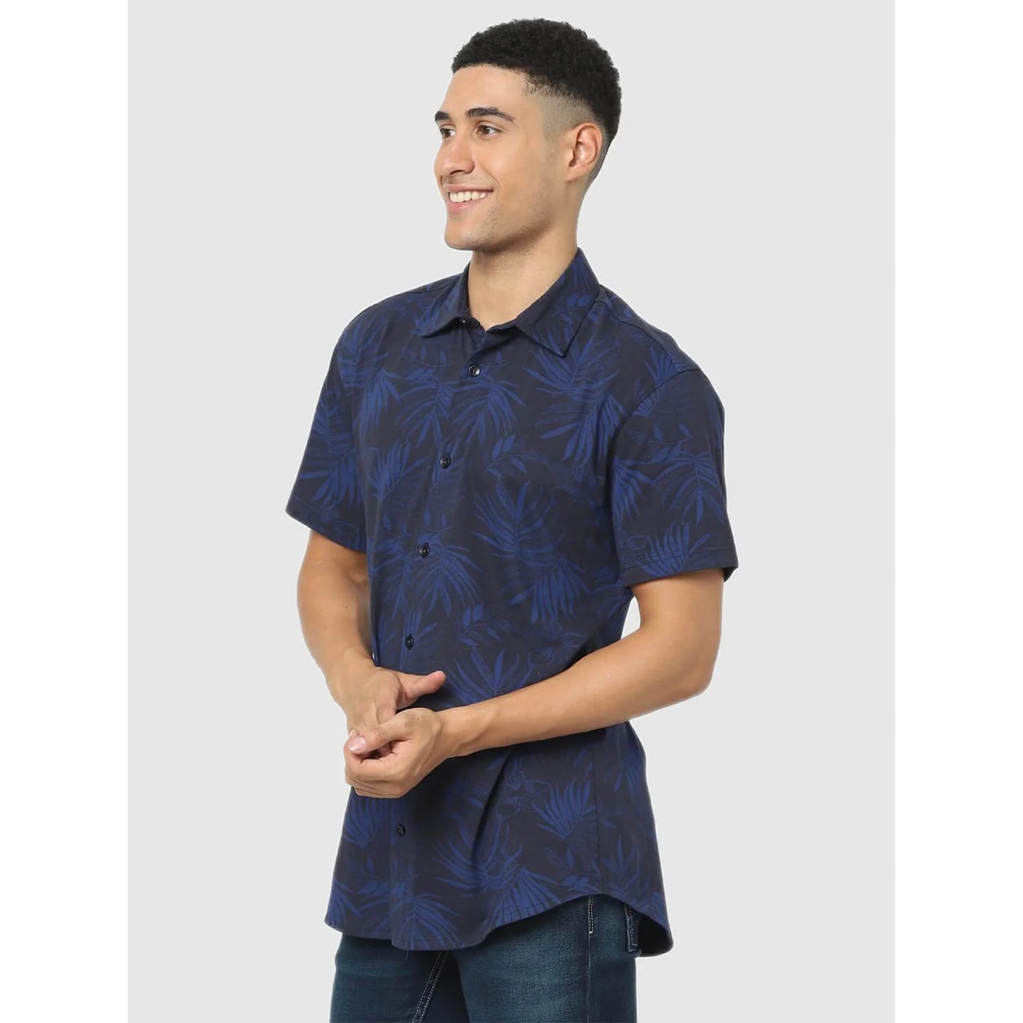 Navy Blue Tropical Printed Cotton Shirt