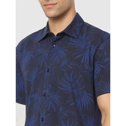 Navy Blue Tropical Printed Cotton Shirt