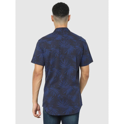 Navy Blue Tropical Printed Cotton Shirt