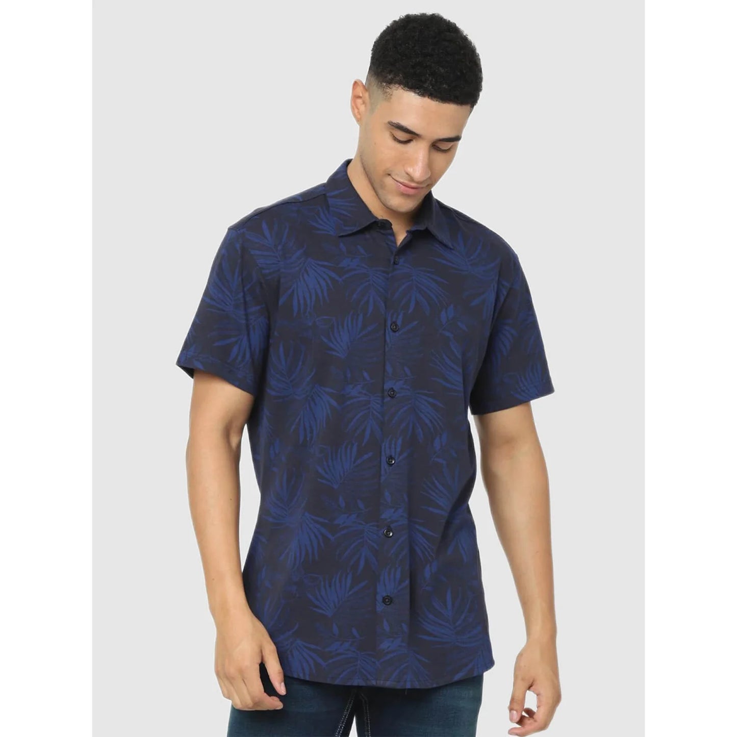 Navy Blue Tropical Printed Cotton Shirt