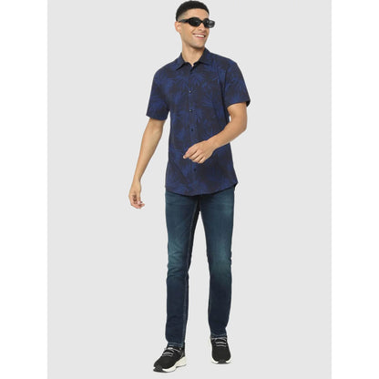 Navy Blue Tropical Printed Cotton Shirt