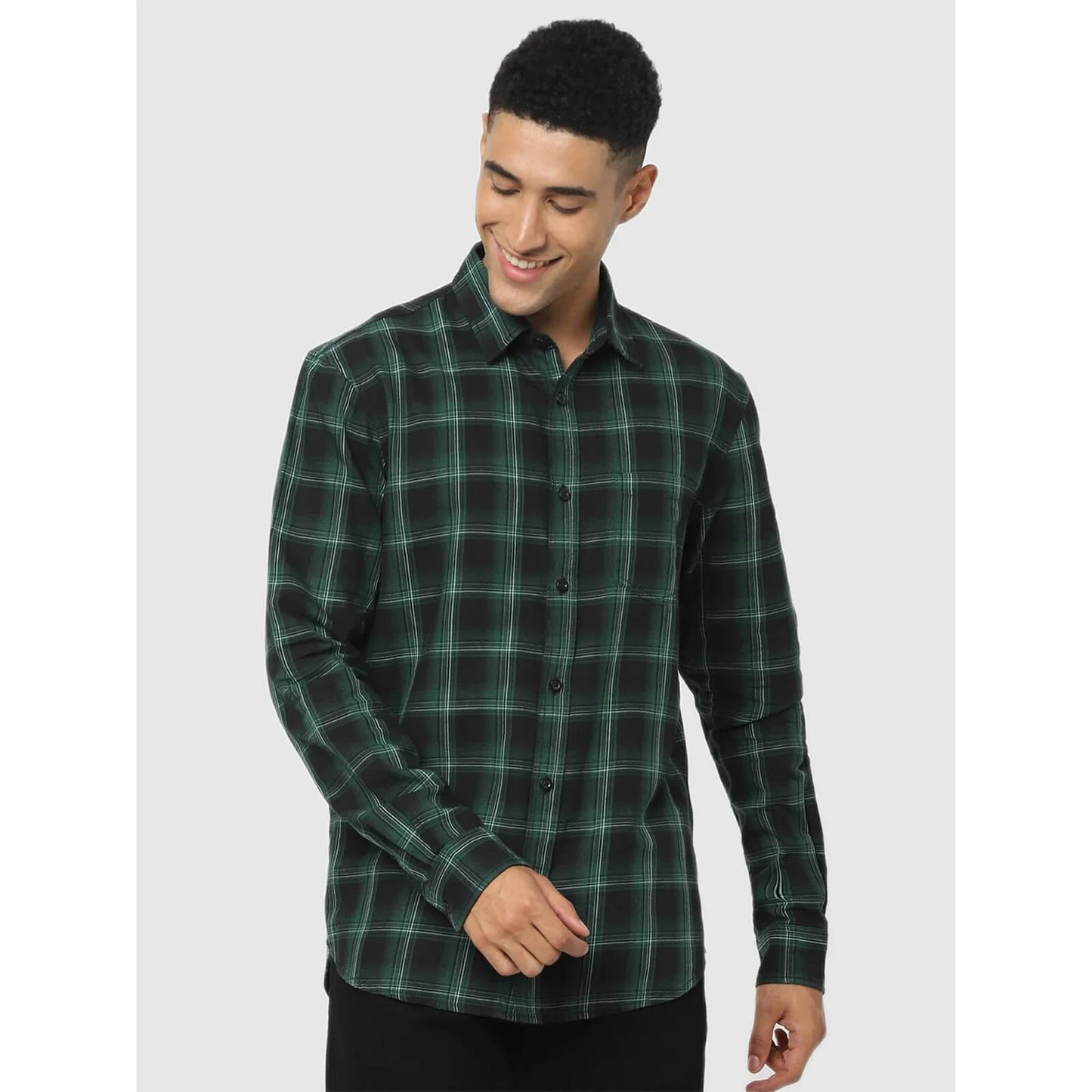 Celio* Checked Regular Fit Cotton Green Shirt