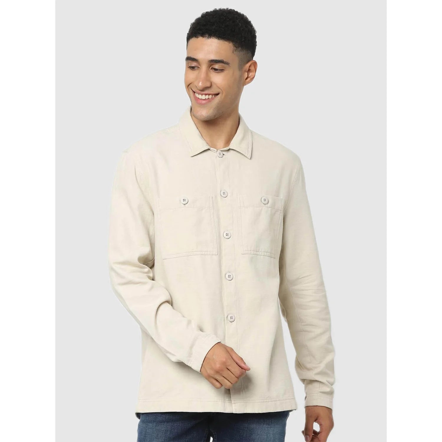 Beige Solid Cotton Shirt