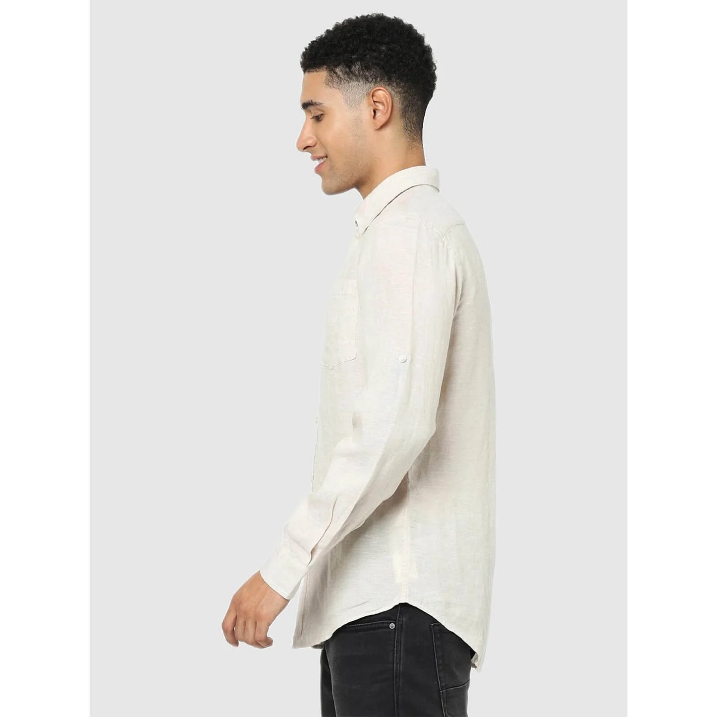 Cream Solid Linen Shirt