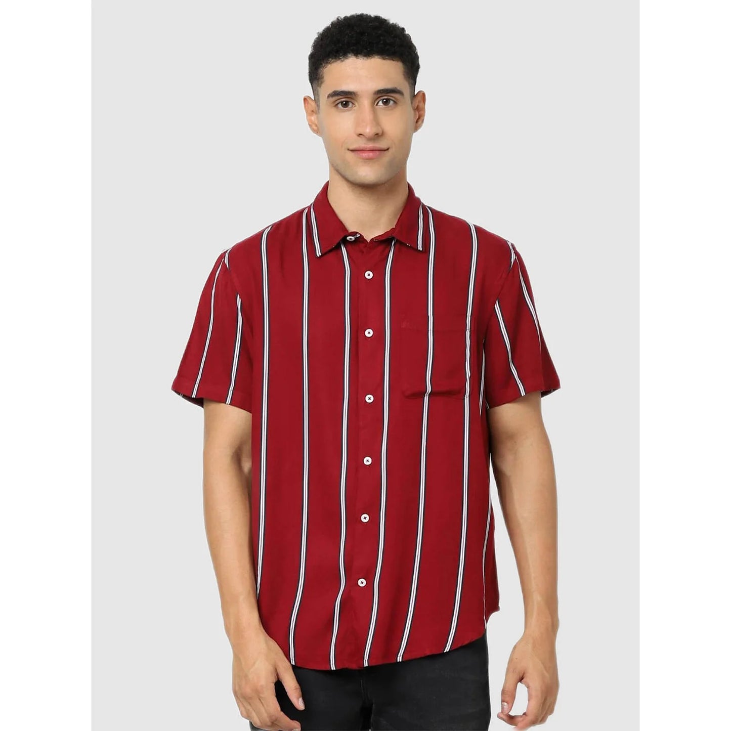 Celio* Striped Regular Fit Cotton Red Shirt