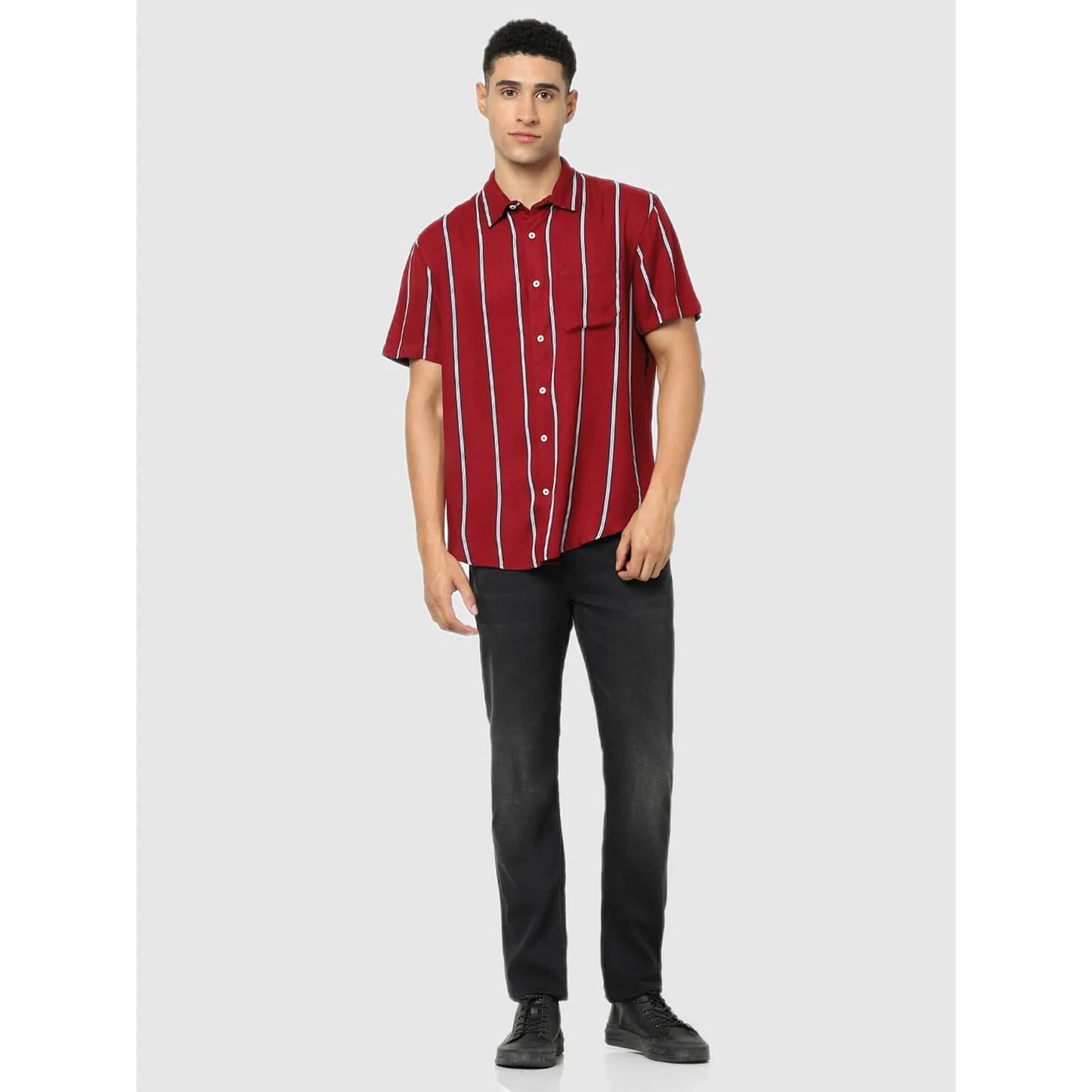 Celio* Striped Regular Fit Cotton Red Shirt