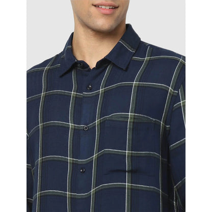 Navy Blue Checks Viscose Shirt