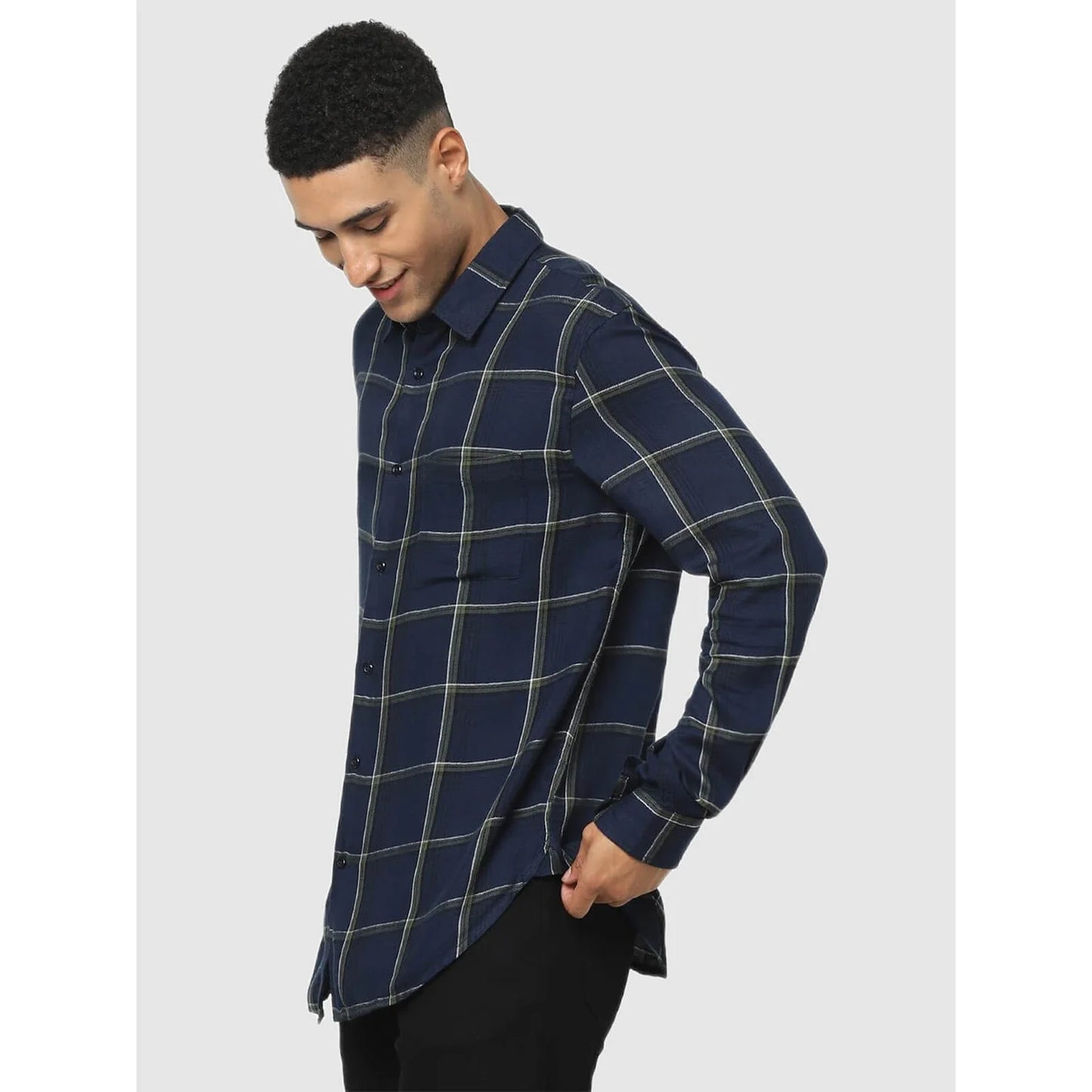 Celio* Checked Regular Fit Viscose Navy Blue Shirt
