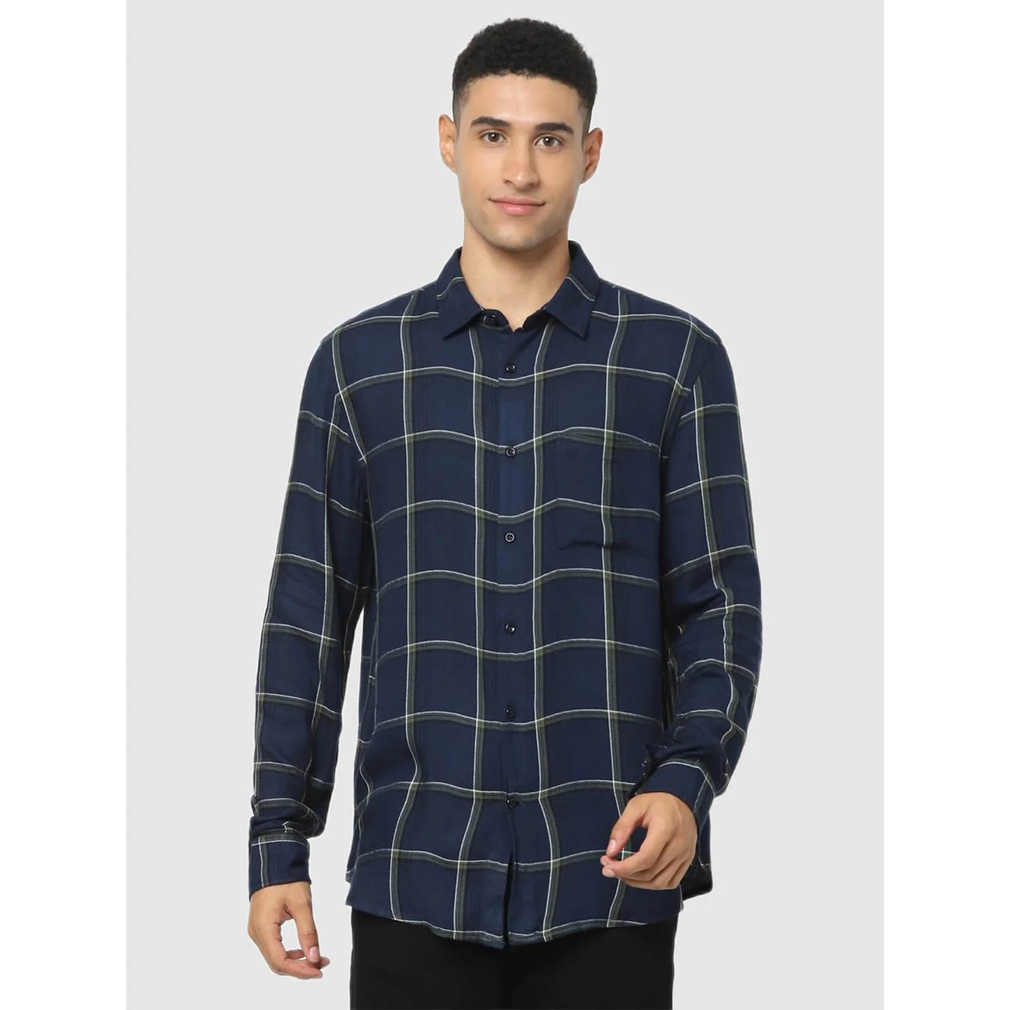 Celio* Checked Regular Fit Viscose Navy Blue Shirt