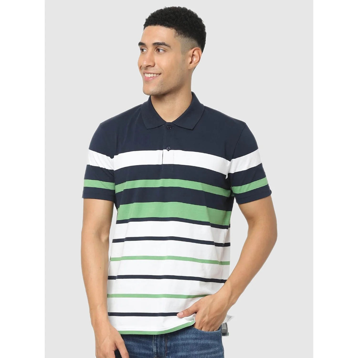 Navy Blue Striped Cotton Polo