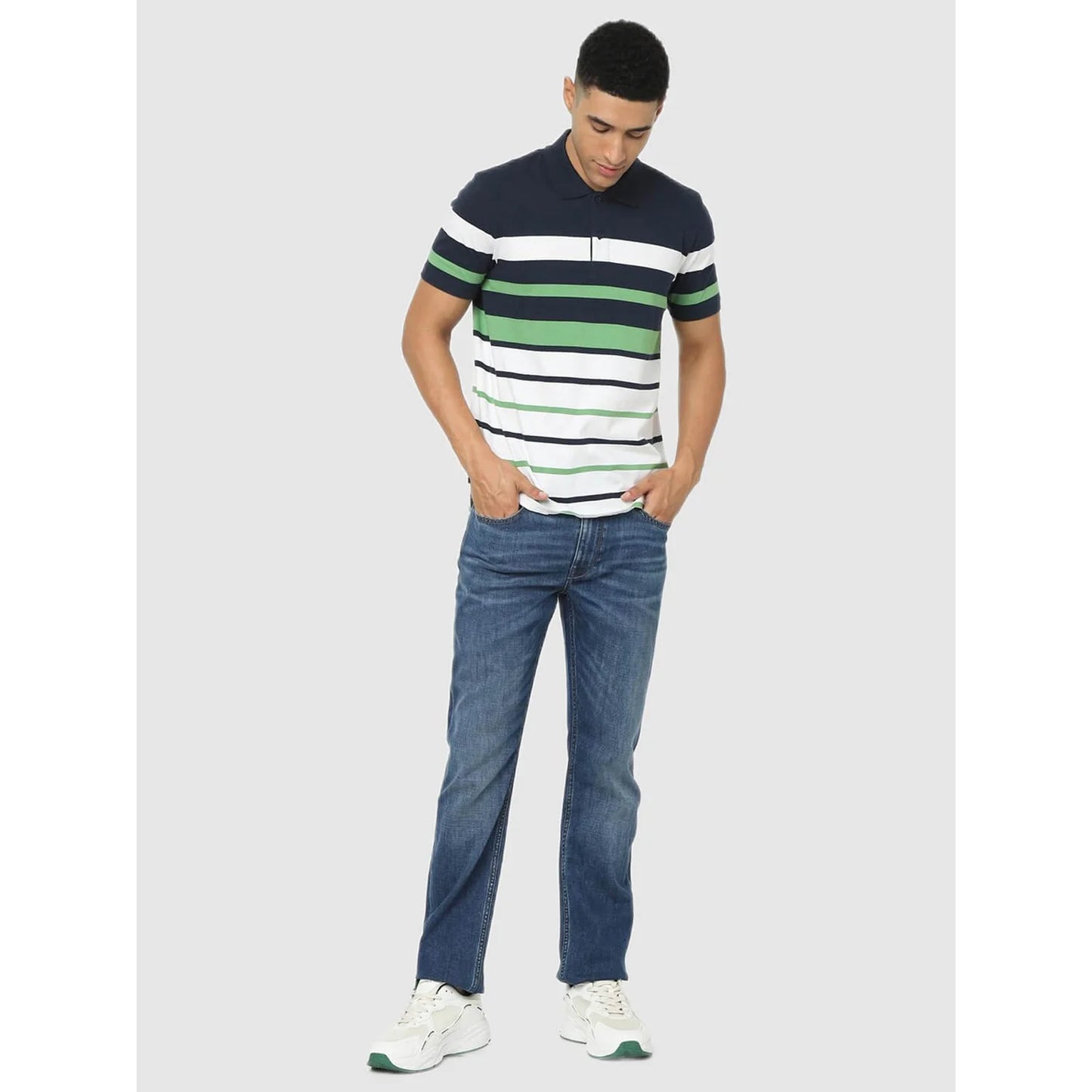 Navy Blue Striped Cotton Polo