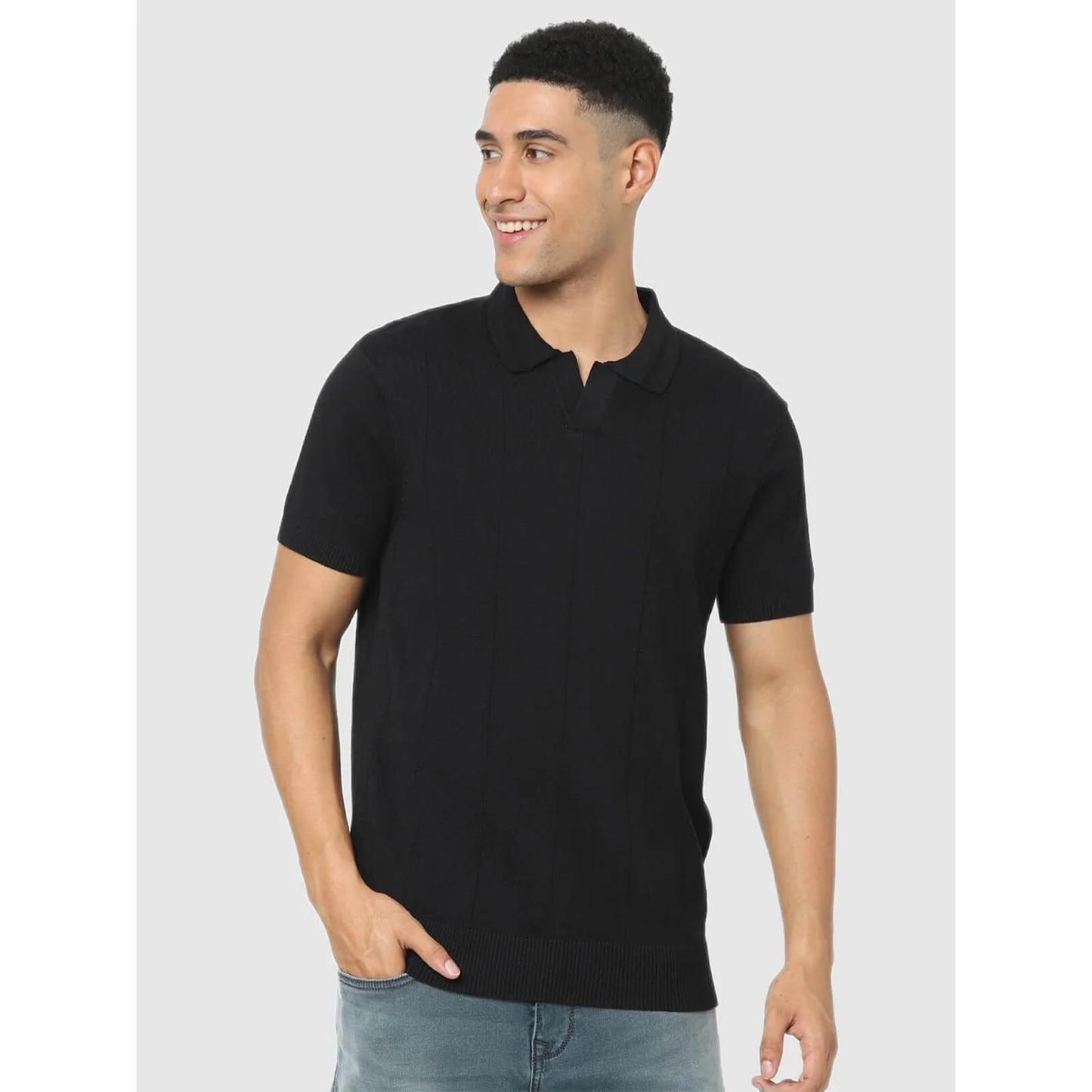 Black Solid Cotton Polo