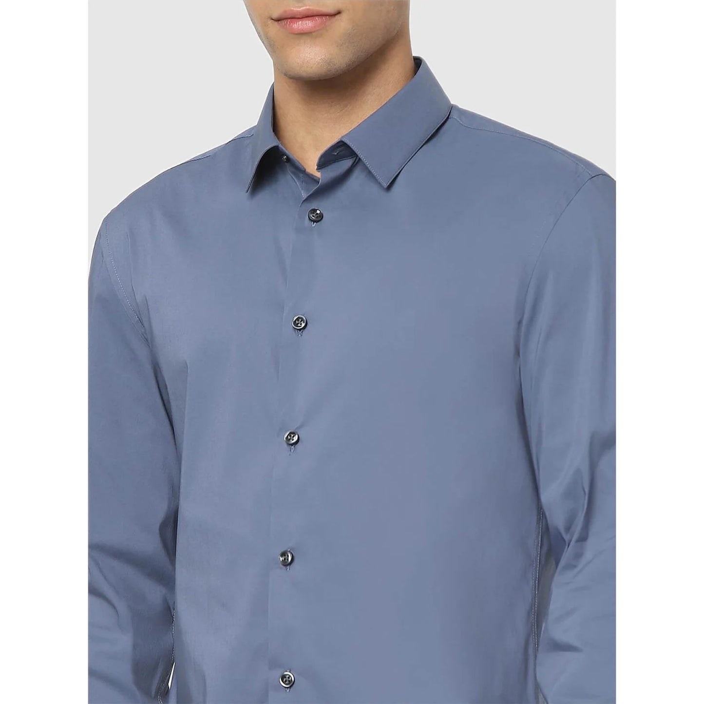 Blue Solid Cotton Blend Shirt