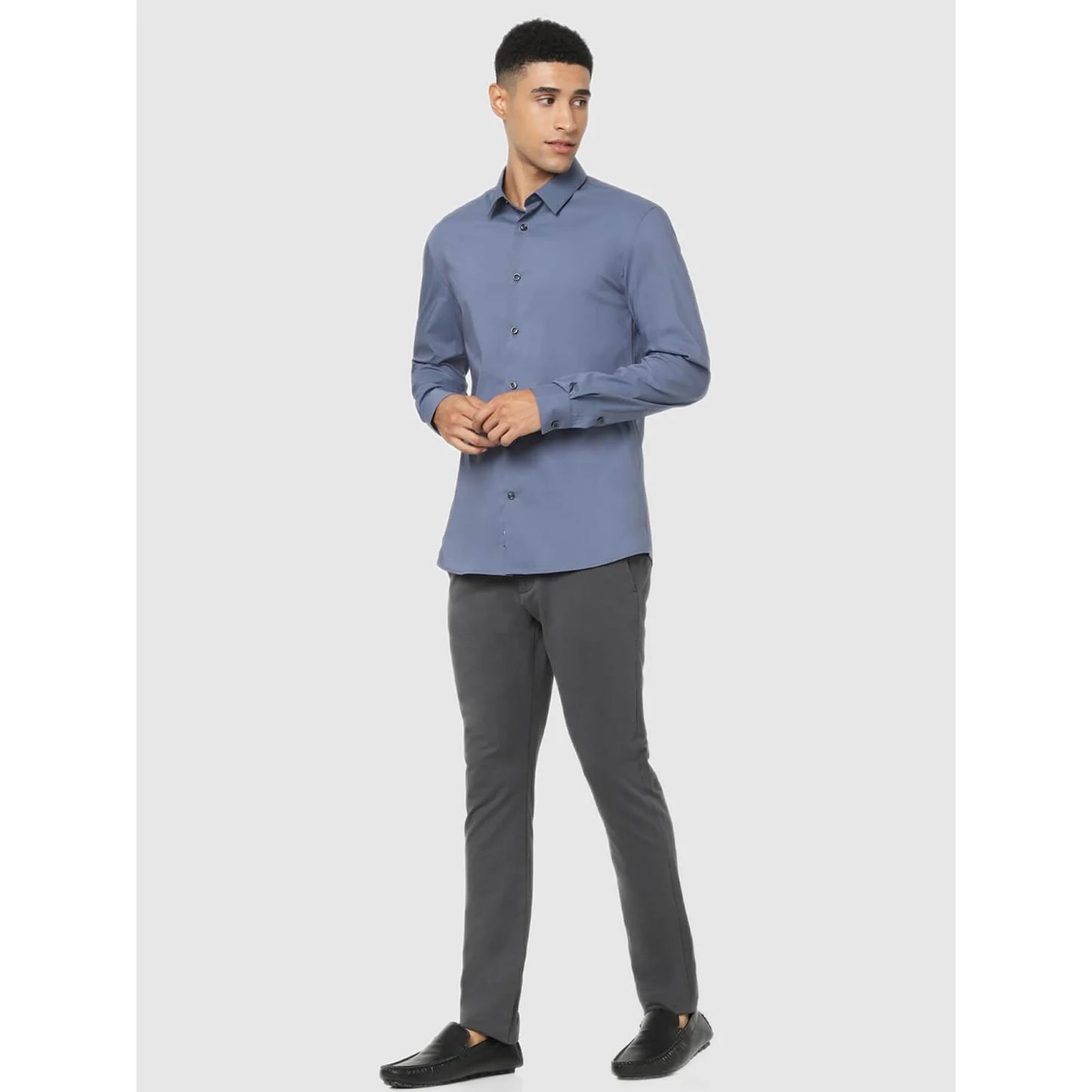 Blue Solid Cotton Blend Shirt